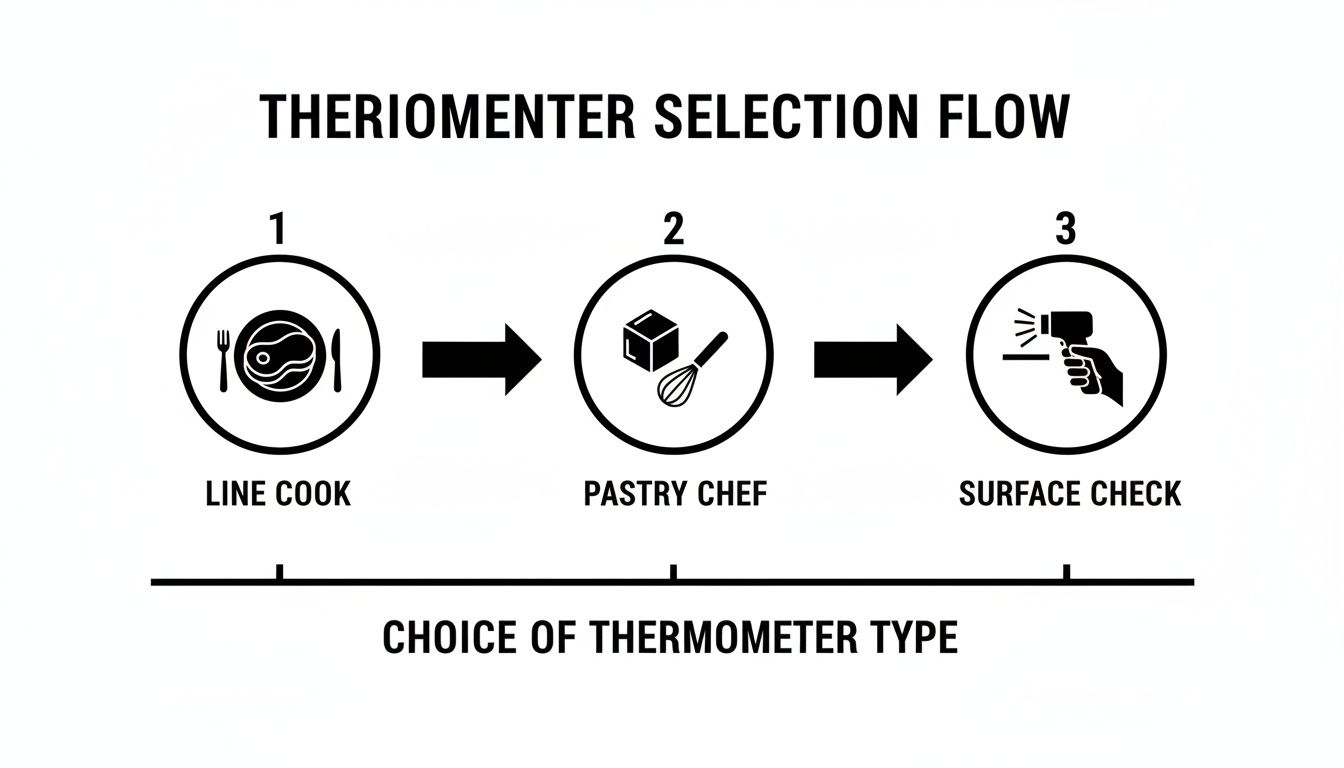 Flowchart illustrating thermometer selection for line cook, pastry chef, and surface checks, guiding choice of thermometer type.