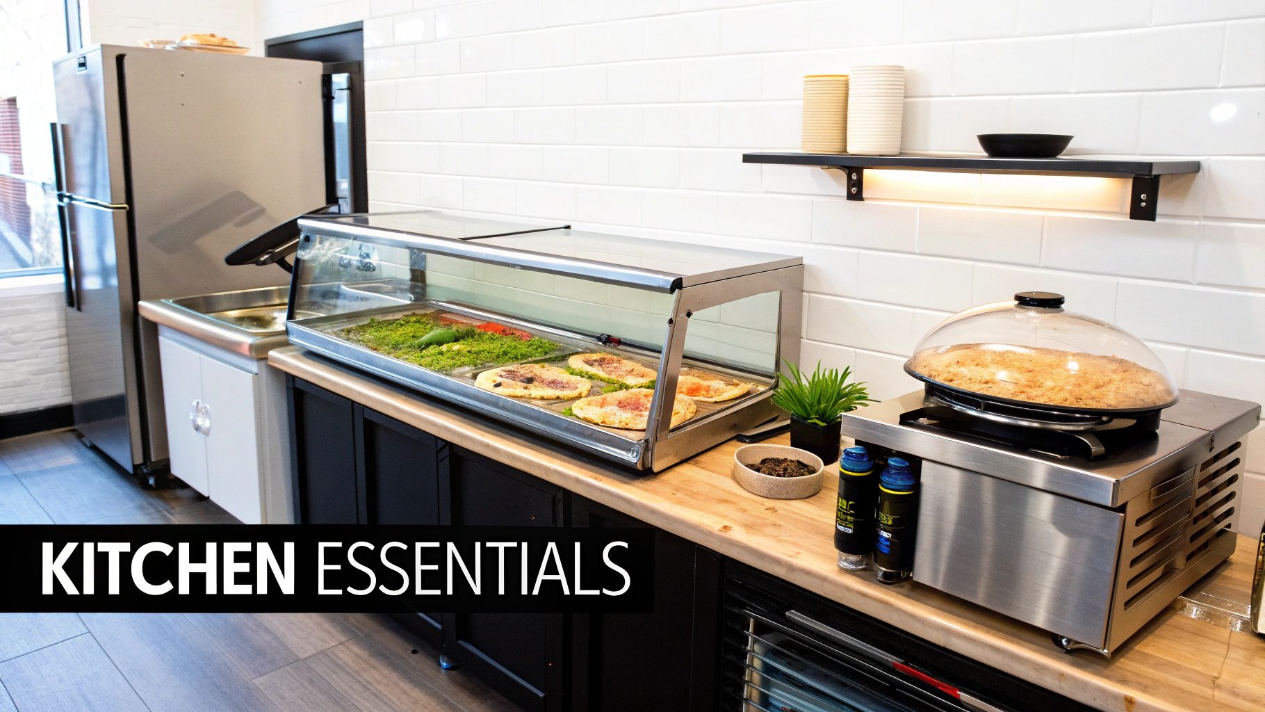 A commercial kitchen setup featuring a stainless steel refrigerator, food display case, and warmer.