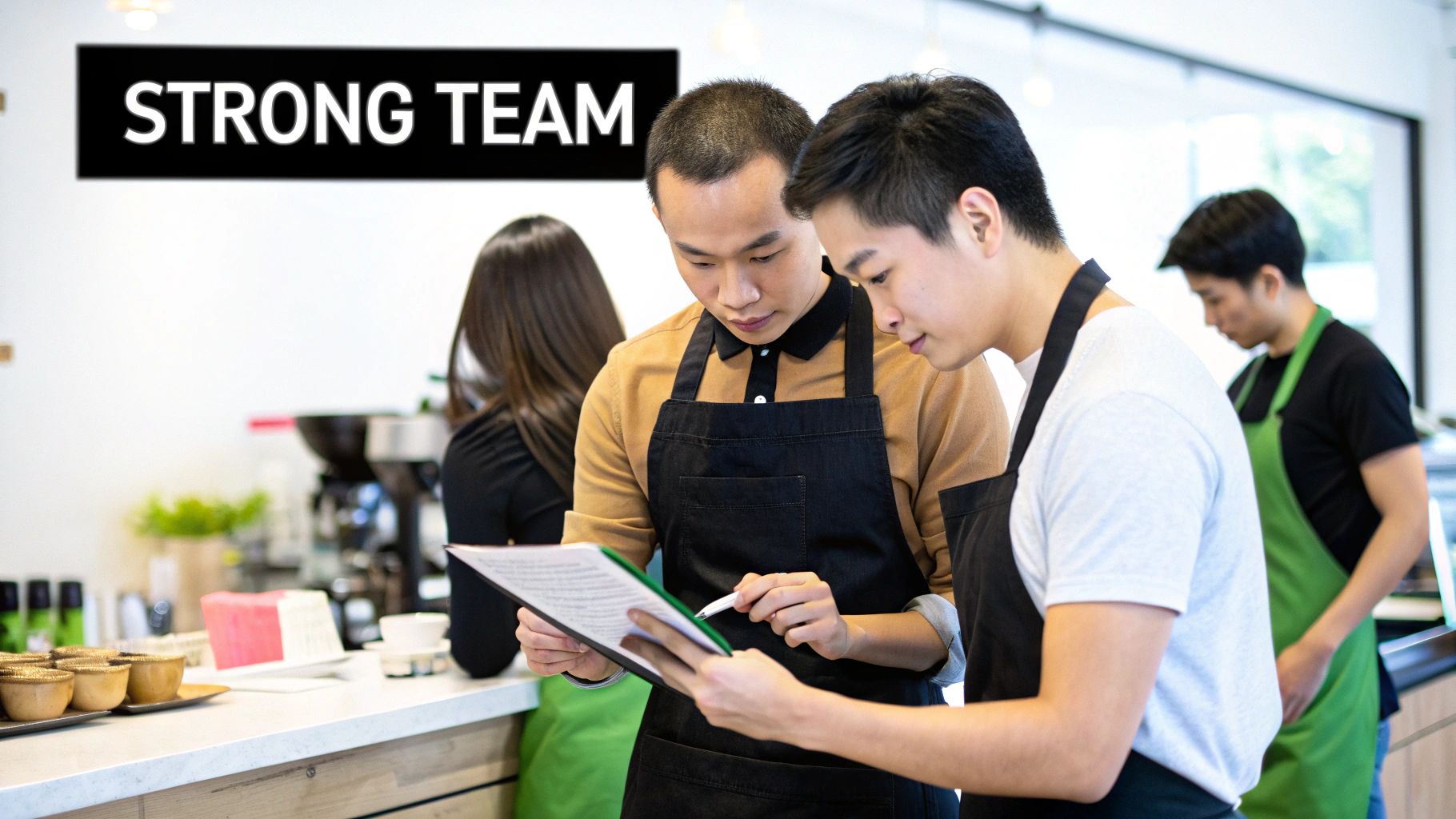 Two baristas in black aprons review a document, representing a strong team in a cafe setting.