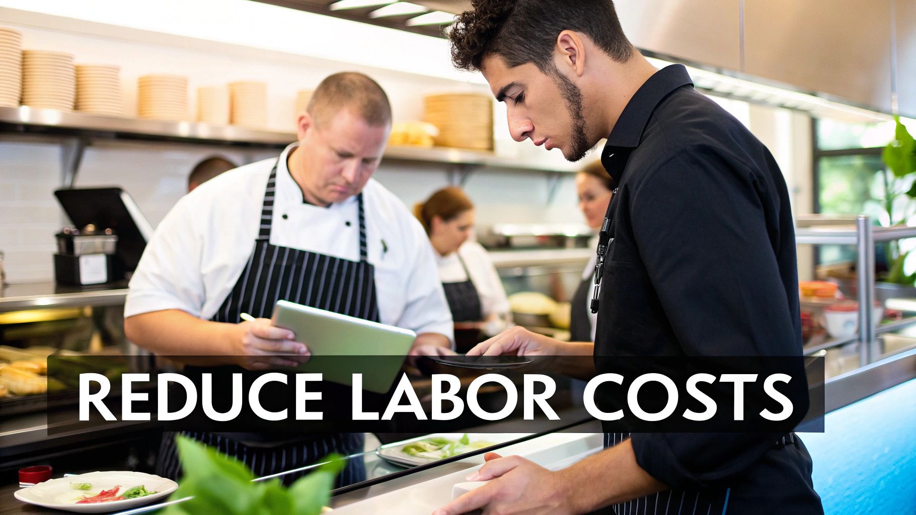 A chef and a staff member use tablets in a commercial kitchen, aiming to reduce labor costs.