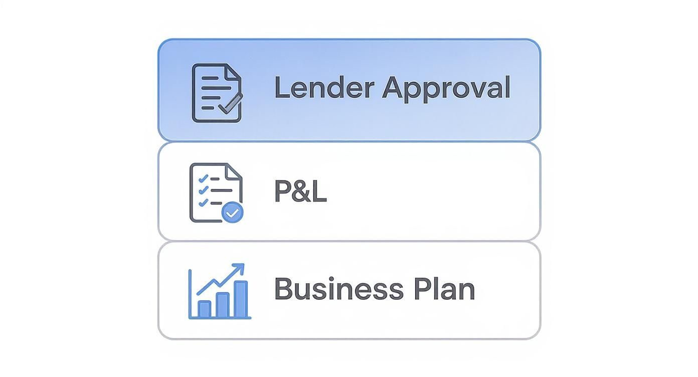 A checklist showing Lender Approval, P&L, and Business Plan documents, essential for business financing.