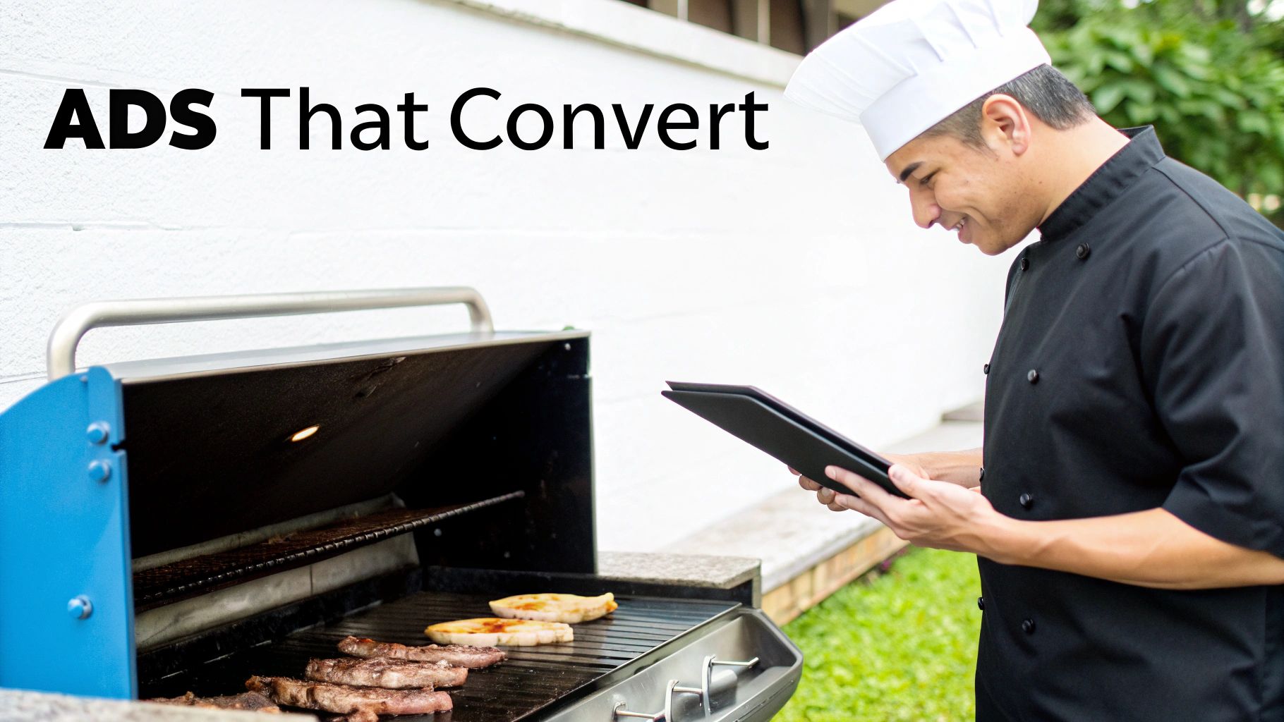 A smiling chef in uniform reviews a tablet while grilling steaks, with 'ADS That Convert' text.