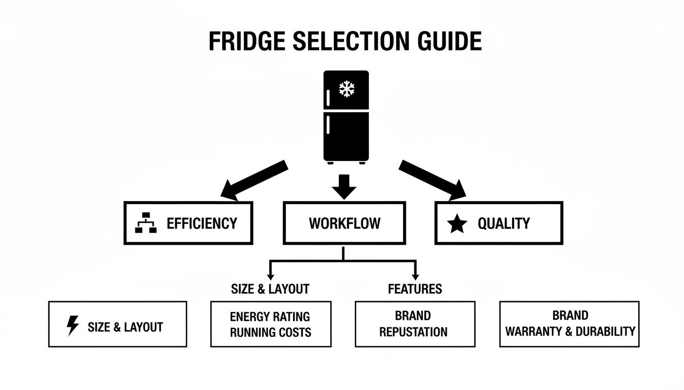Flowchart illustrating a fridge selection guide, detailing factors like efficiency, workflow, and quality for a refrigerator.