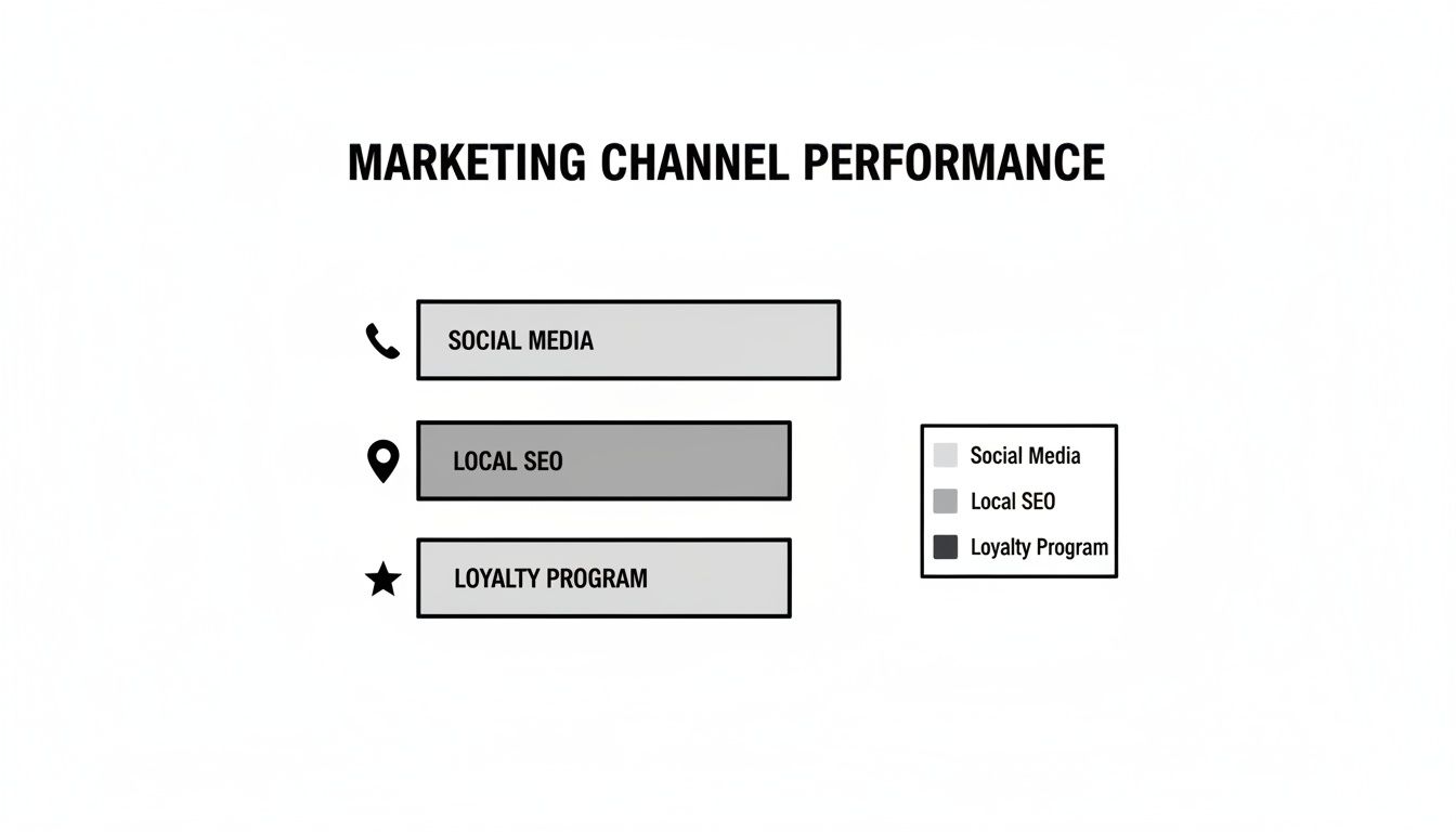 A bar chart showing marketing channel performance for Social Media, Local SEO, and Loyalty Program with color-coded bars.