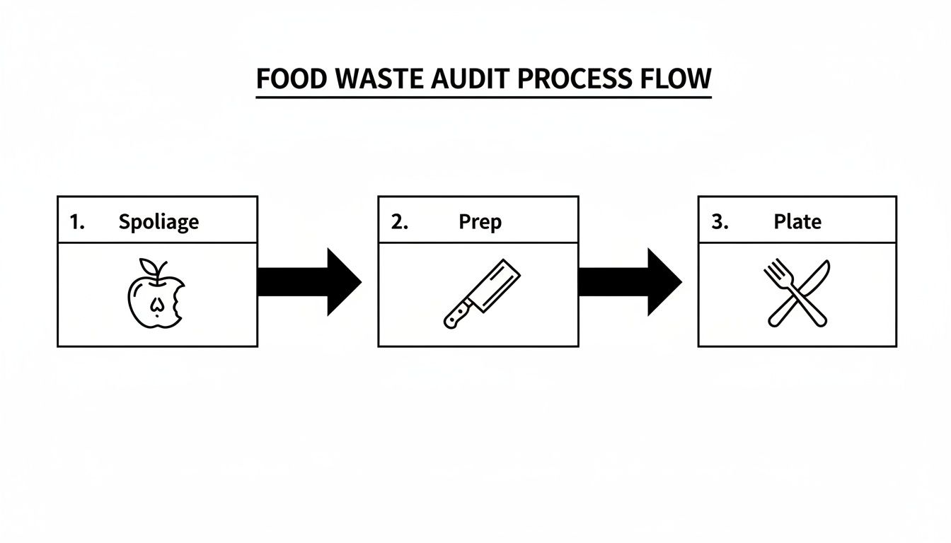 A flowchart illustrates the food waste audit process, showing steps: spoilage, prep, and plate.