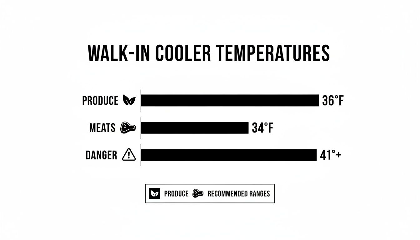 Walk-in cooler temperature guide displaying recommended temperatures for produce and meats, and a danger zone.