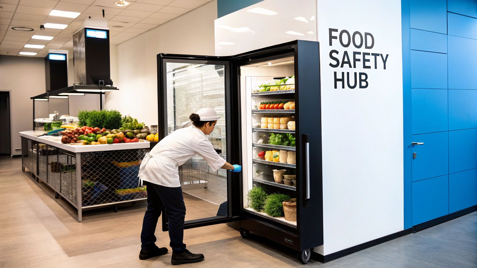 Chef opening a large Food Safety Hub refrigerator filled with fresh produce in a modern kitchen.