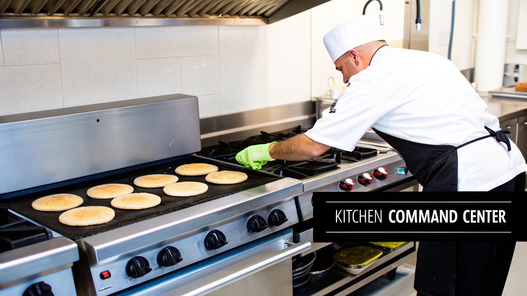 A chef in a commercial kitchen cooks flatbreads on a large stainless steel stove range with a griddle.