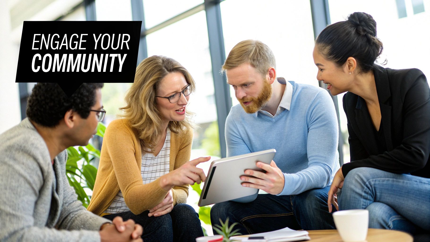 Several people collaborating around a table, illustrating community building on social media.