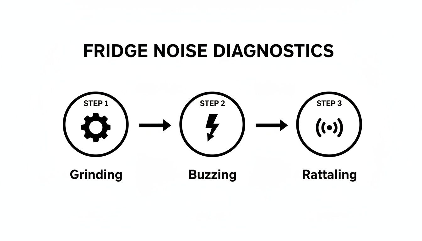 A flowchart detailing fridge noise diagnostics, showing steps for grinding, buzzing, and rattling noises.