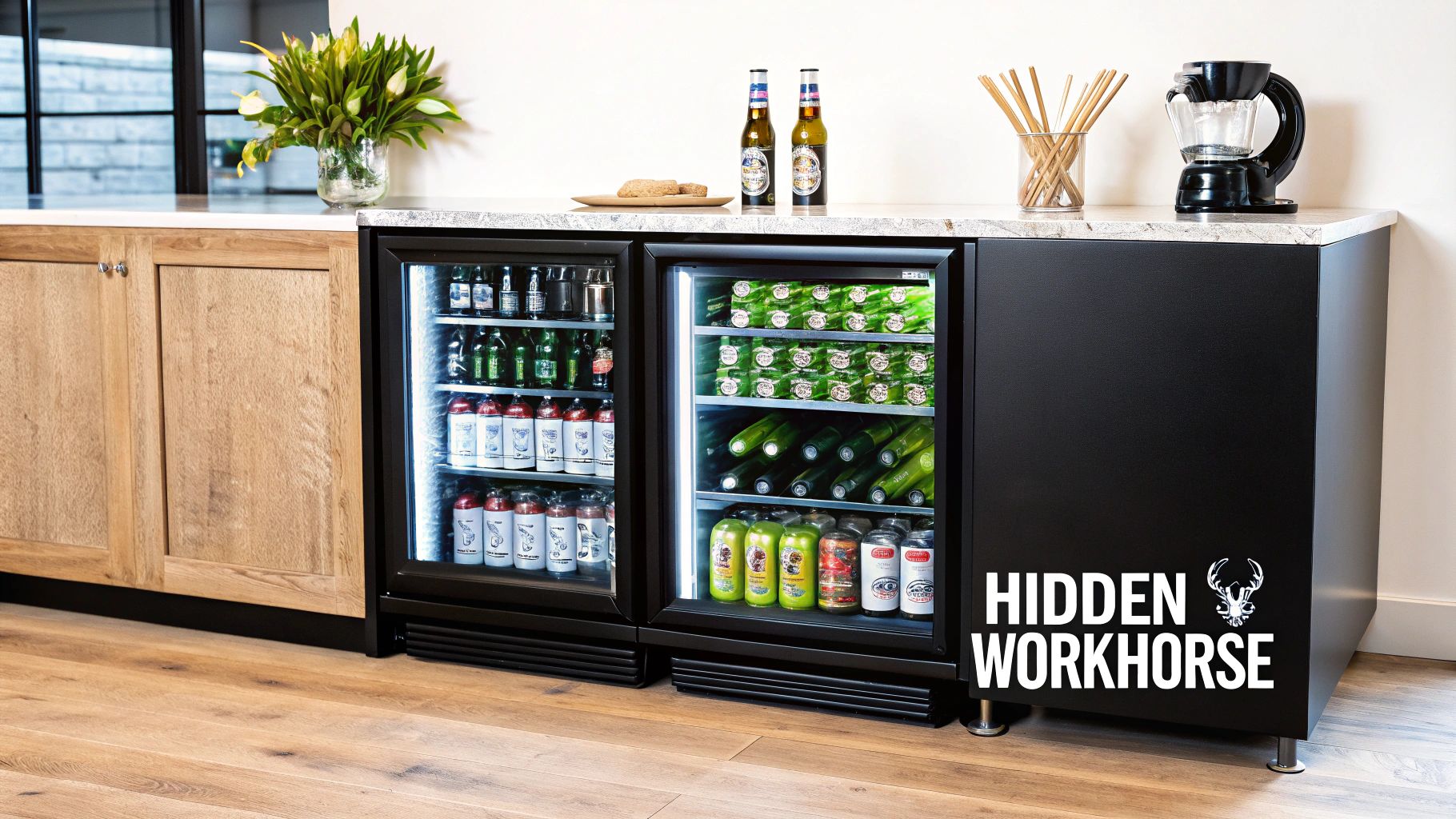 Stylish home bar featuring two back bar refrigerators, filled with a variety of drinks and snacks.