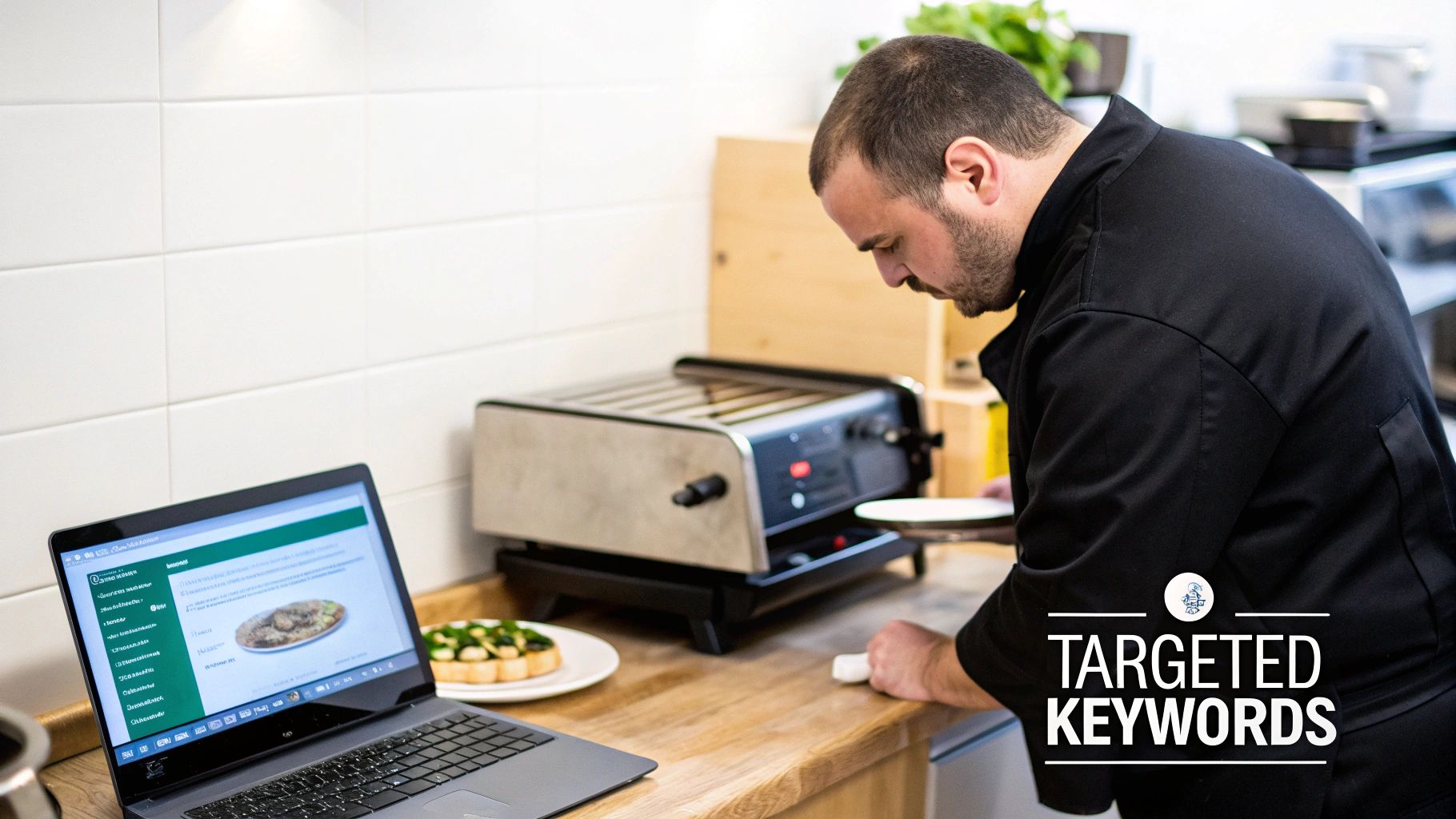 A professional chef works in a kitchen, with a laptop displaying a recipe and a toaster oven on the counter.