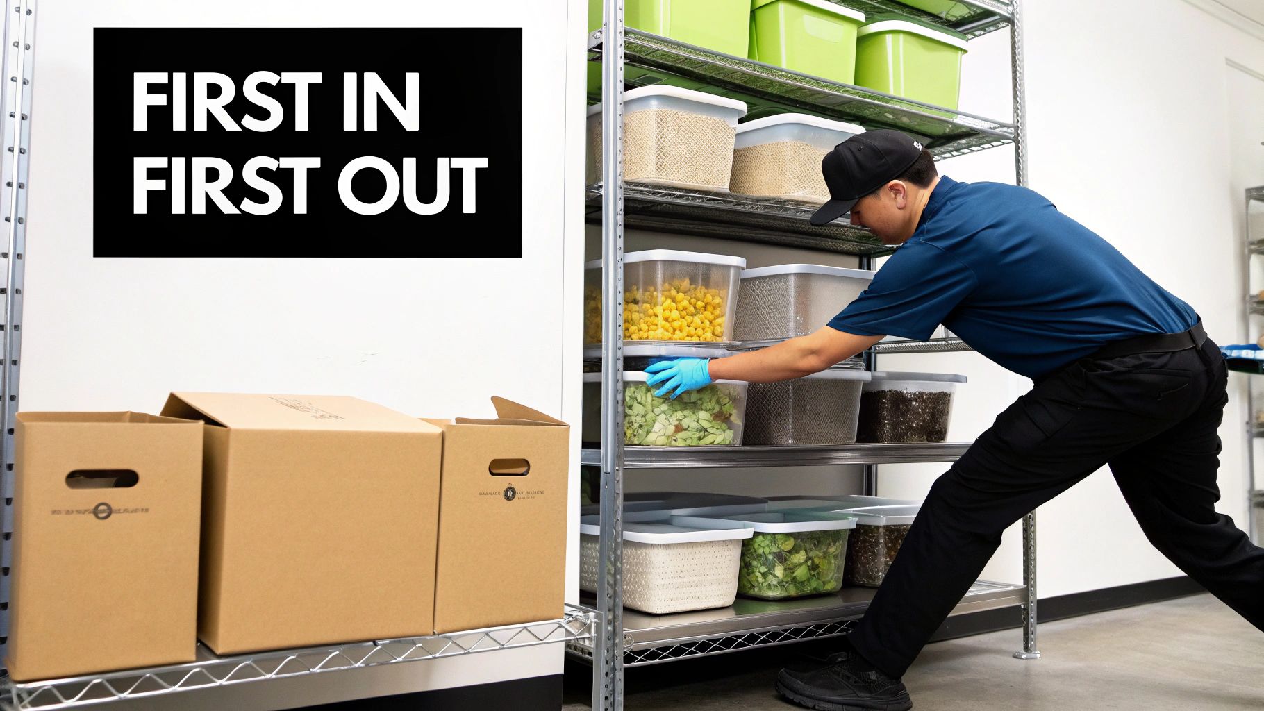 A chef organizing fresh ingredients in a commercial kitchen storage area.