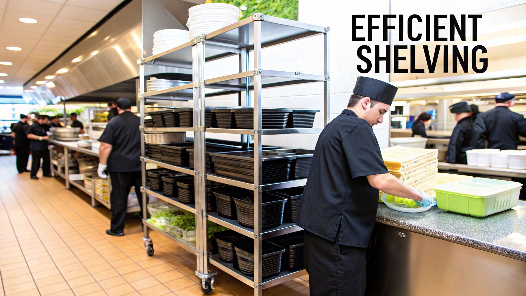 A well-organized commercial kitchen with stainless steel equipment and shelves.