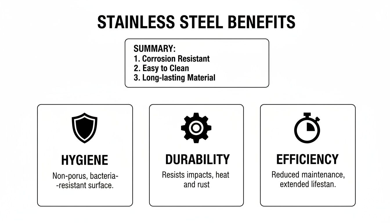Infographic detailing stainless steel benefits: hygiene, durability, and efficiency with descriptive text.