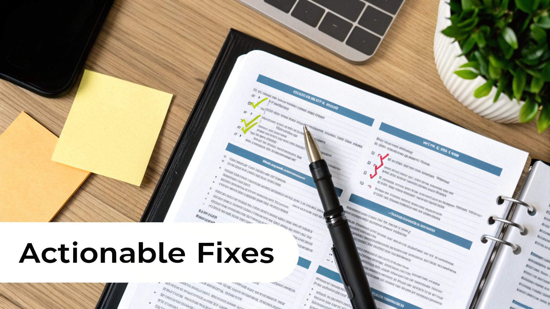 Overhead view of a desk with an open planner, pen, sticky notes, and keyboard, indicating task management.