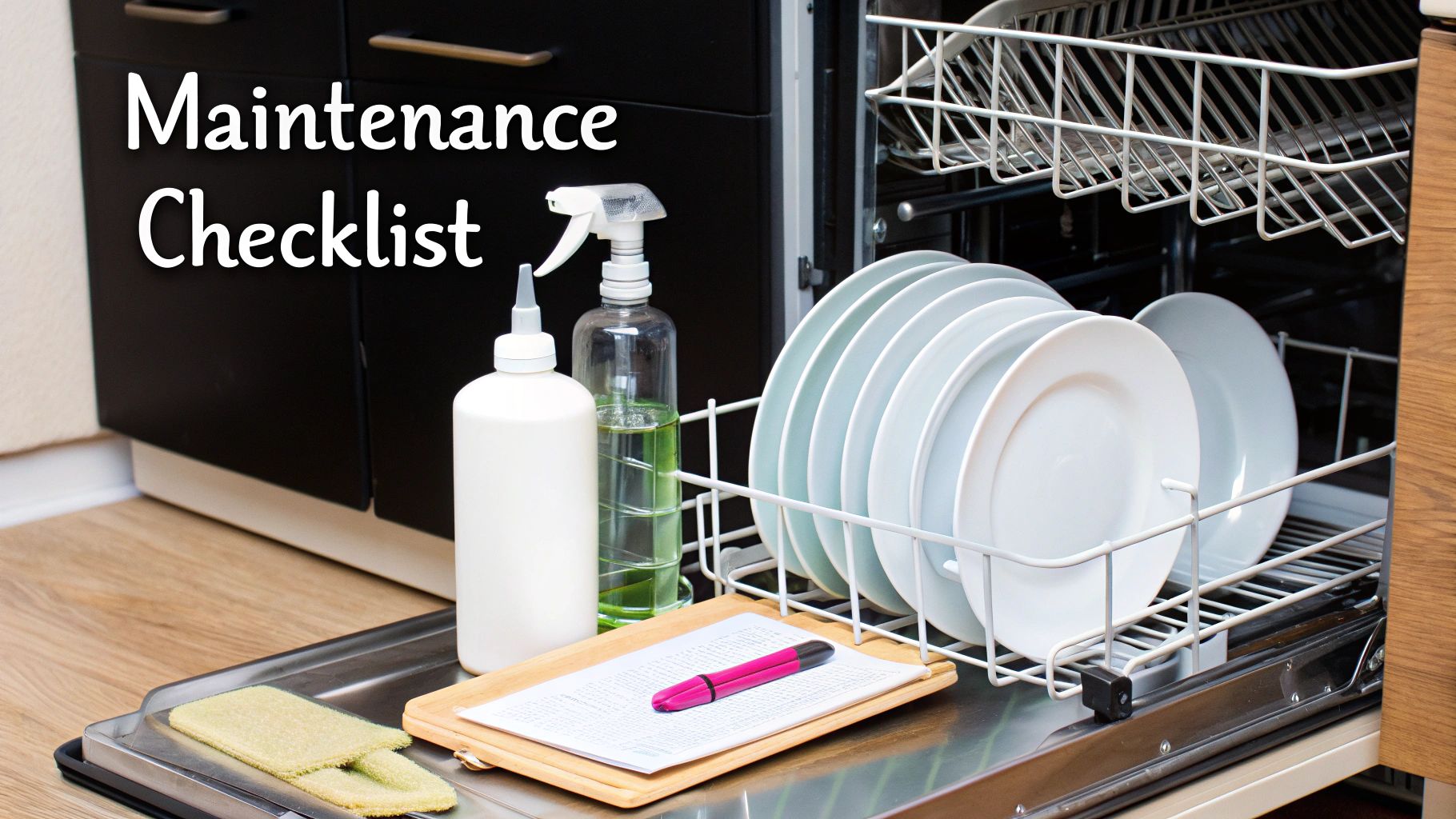 An open dishwasher with clean dishes, cleaning supplies, and a maintenance checklist on a wooden board.
