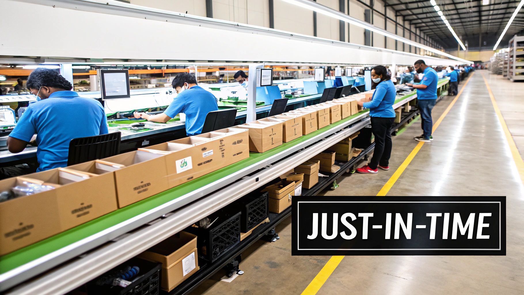 A flowchart illustrating the Just-In-Time (JIT) inventory management process, showing customer orders triggering production and material requests.