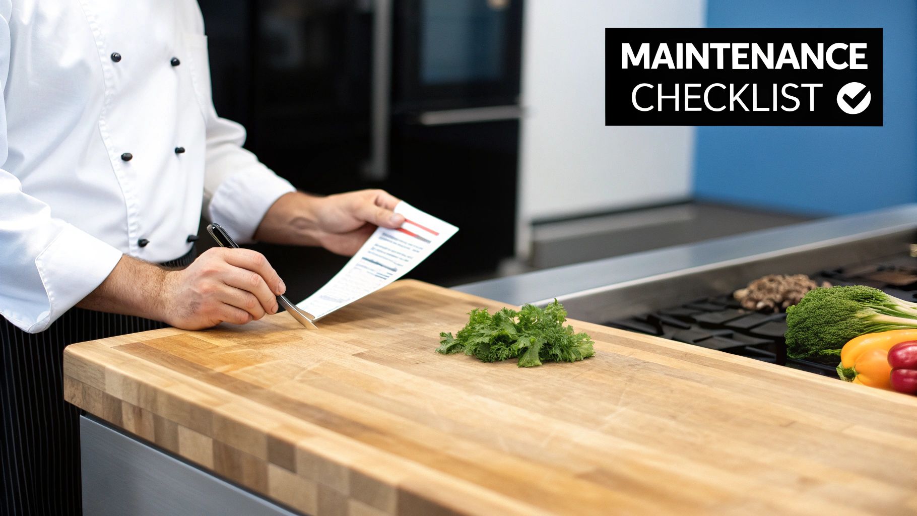 A chef reviews a maintenance checklist on a butcher block countertop in a professional kitchen.