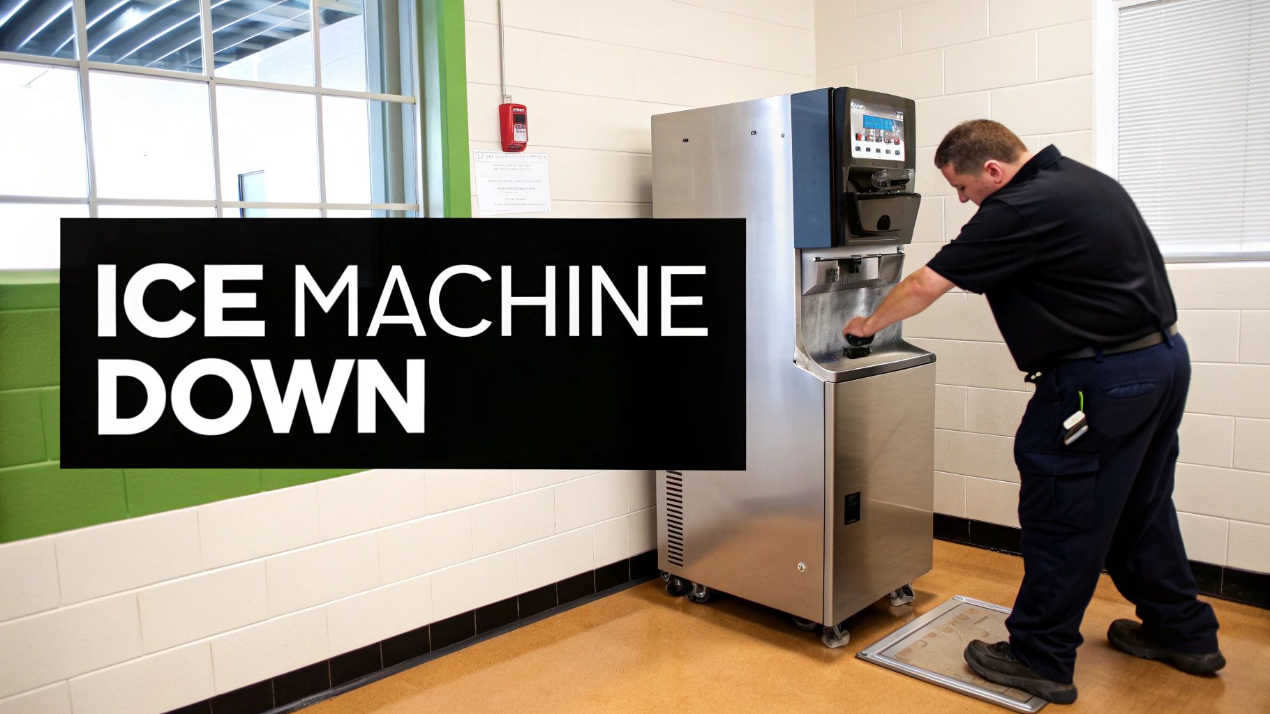 A maintenance worker in a black shirt troubleshoots a large Manitowoc ice machine that is down for service.