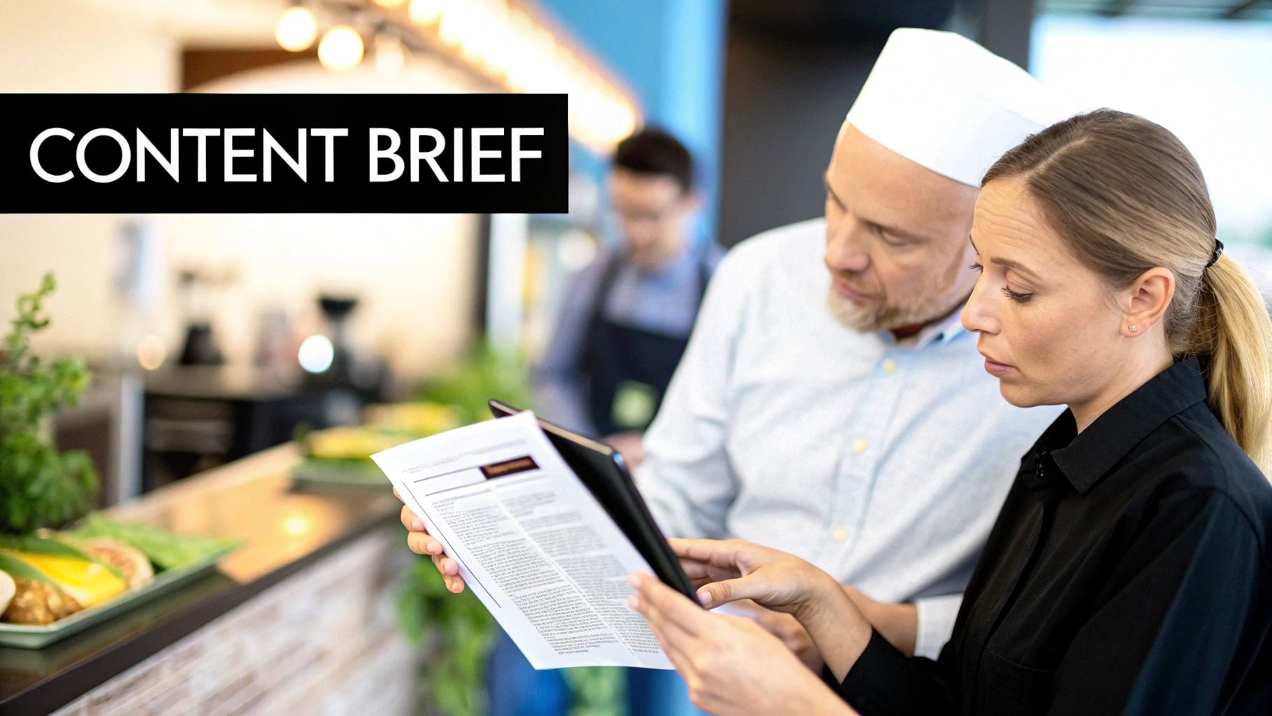 Two colleagues, a man in a chef's hat and a woman, review a document together in a restaurant setting.