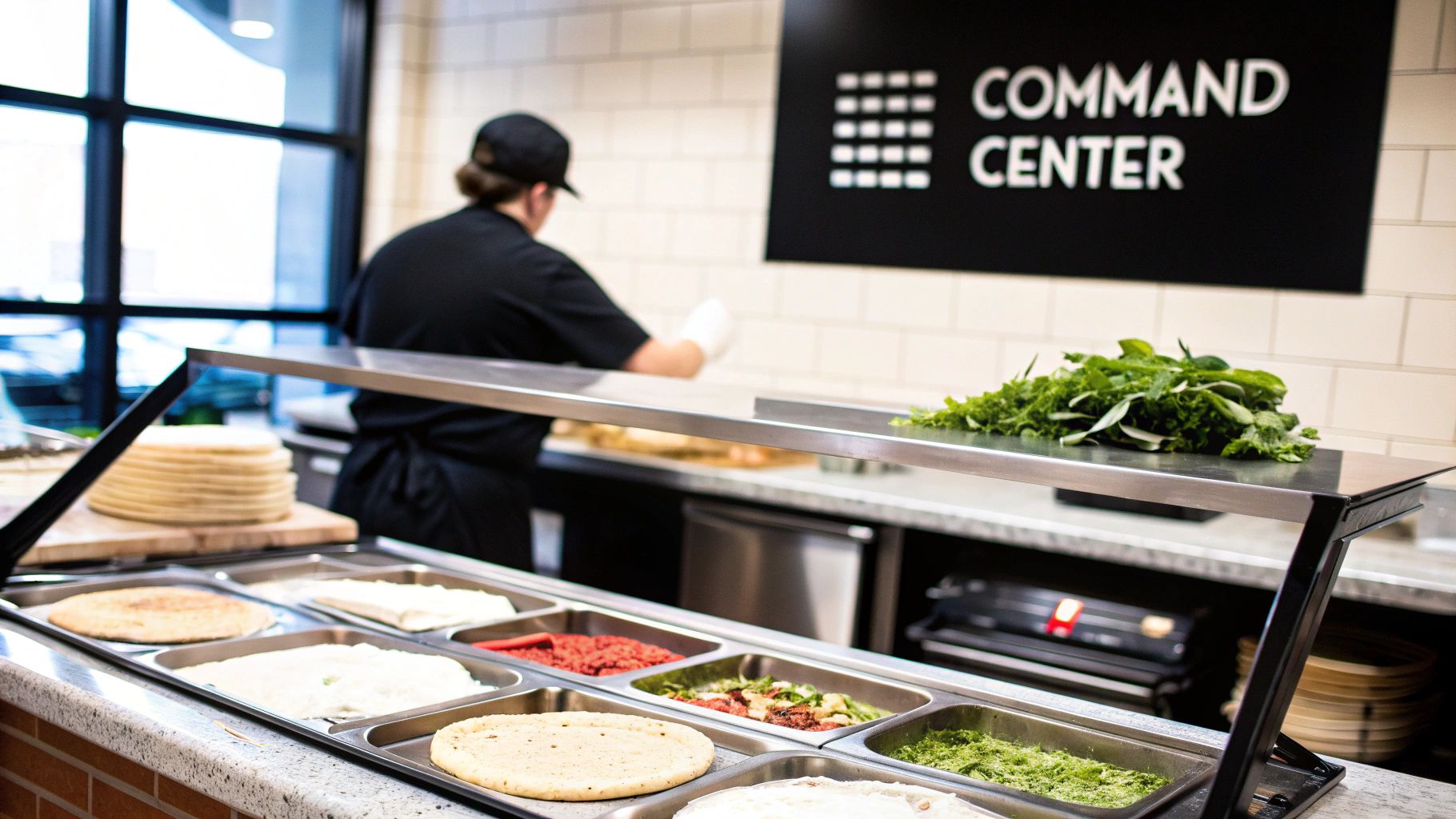 Commercial restaurant prep station with fresh ingredients, tortillas, and herbs under command center sign