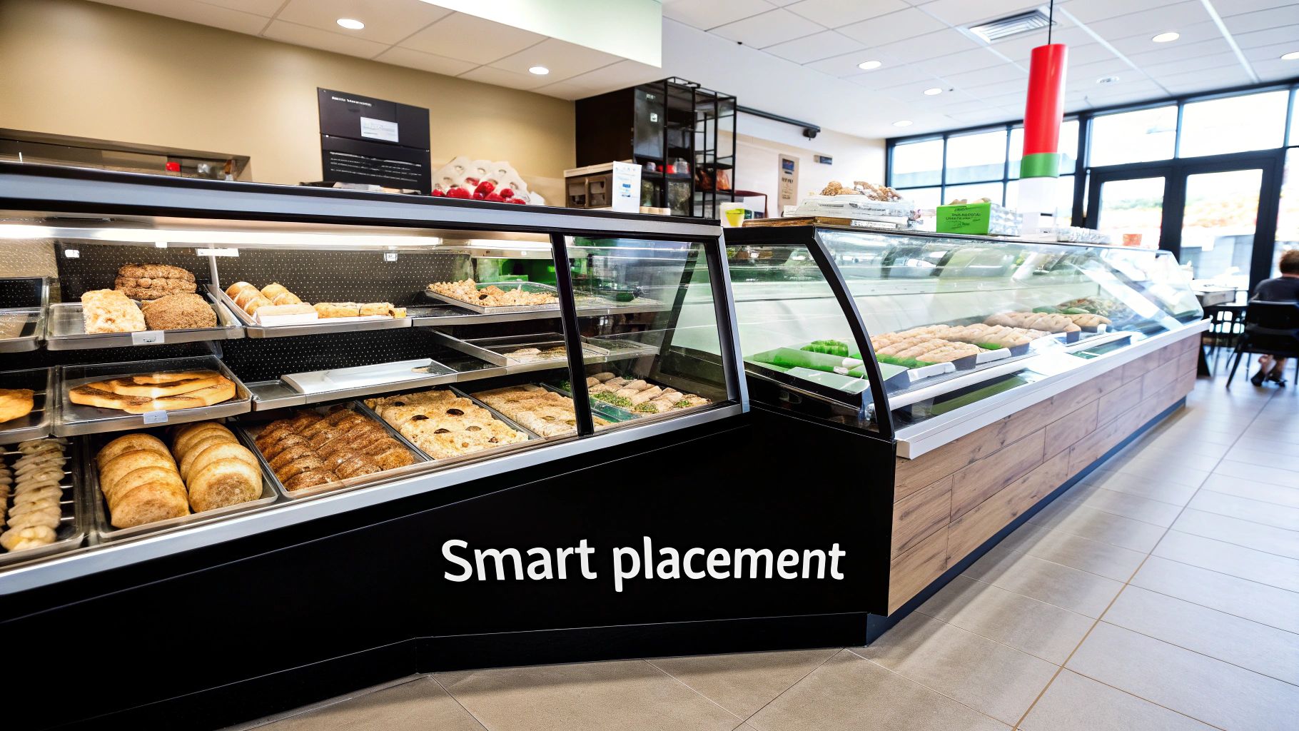 Bakery interior featuring glass display cases brimming with freshly baked bread, pastries, and savory items.