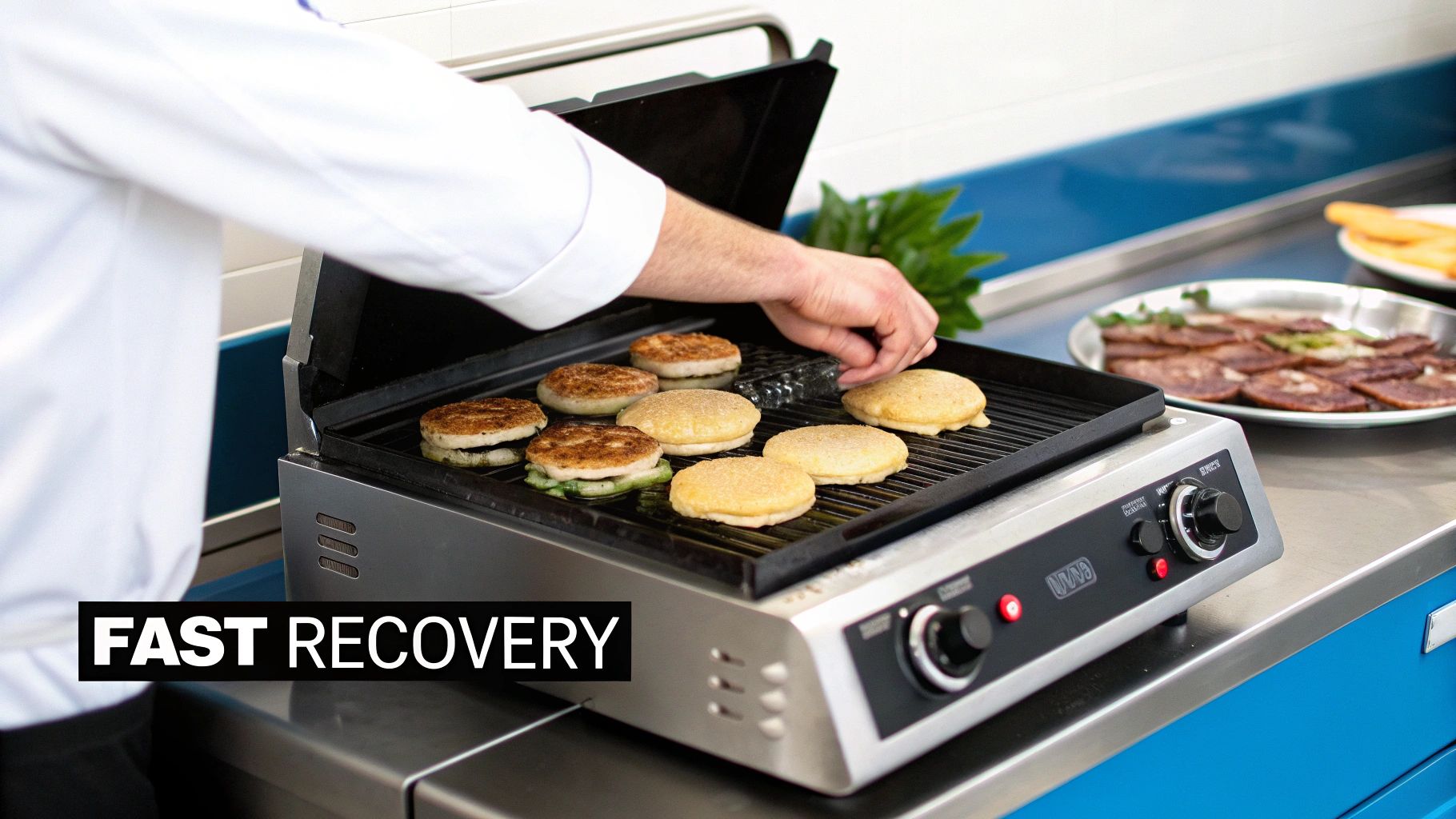 A chef using a multi-zone commercial electric griddle with different foods cooking at various temperatures.