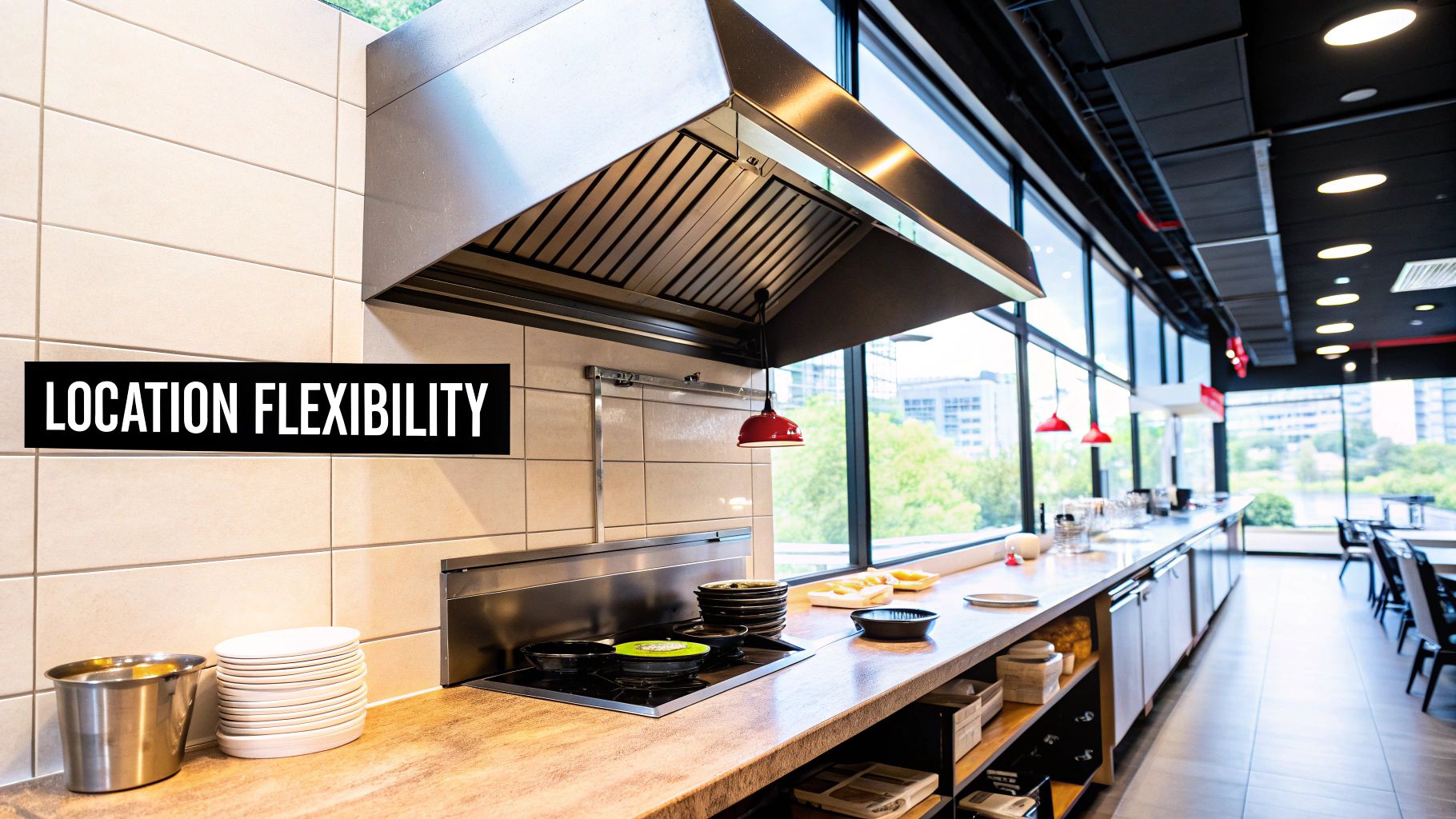A modern commercial kitchen featuring a stainless steel ventless hood, induction cooktop, and large windows.