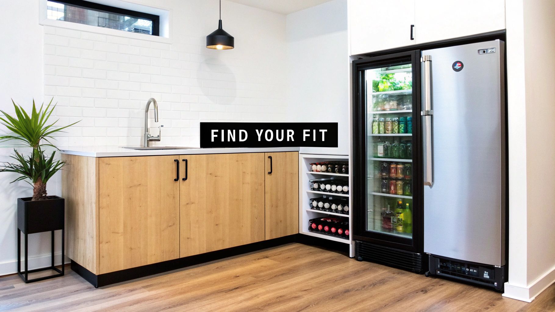 A person opening an under counter fridge in a modern home bar setting