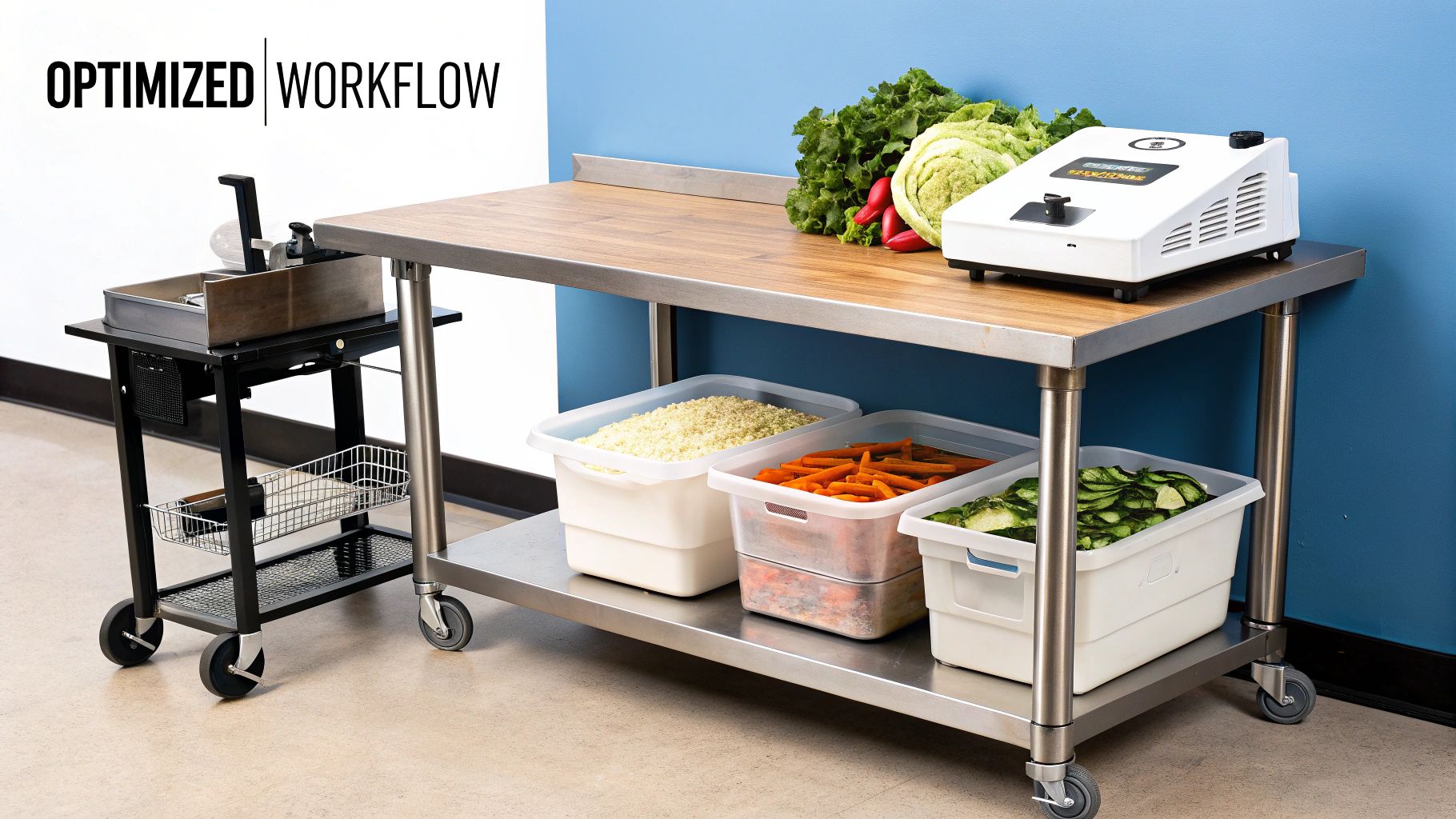 A chef using a commercial vegetable slicer next to a pizza prep table, demonstrating an efficient workflow.