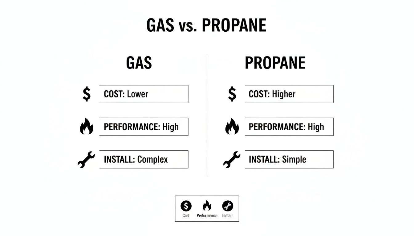 Infographic comparing gas and propane across cost, performance, and installation complexity.