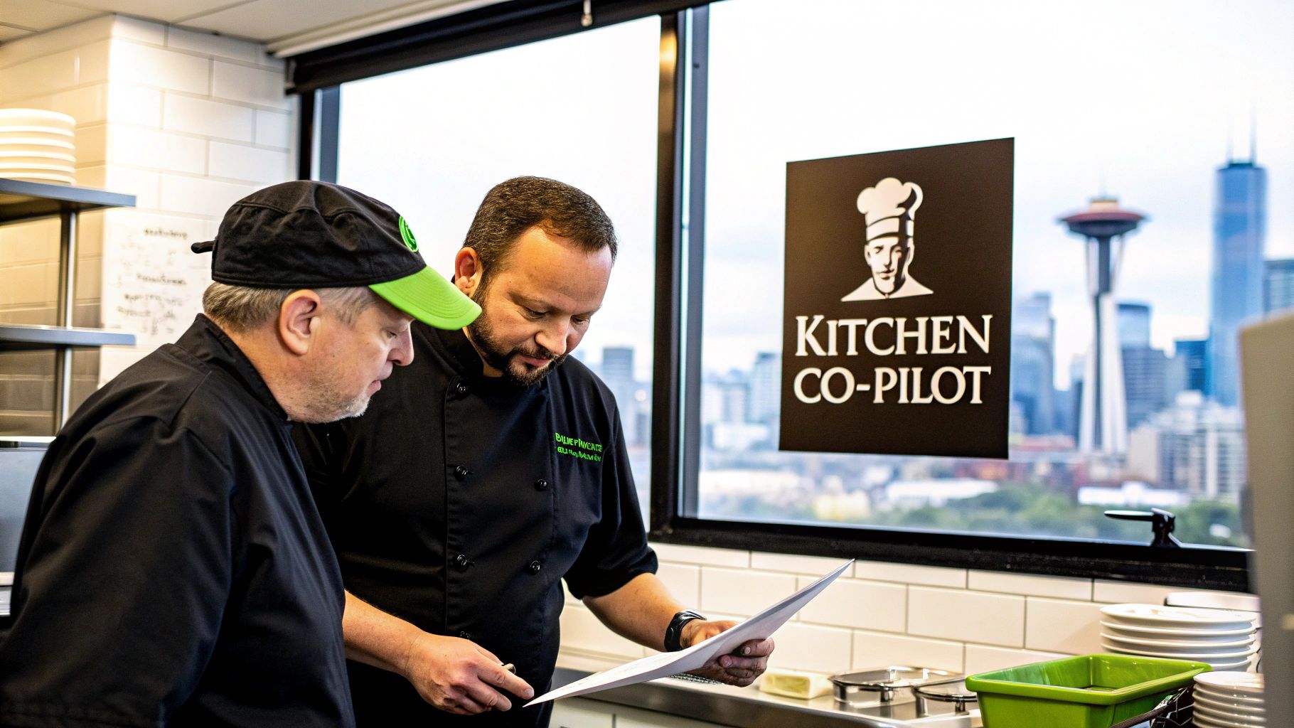 Two chefs review documents in a modern kitchen with a city skyline view, including the Space Needle.