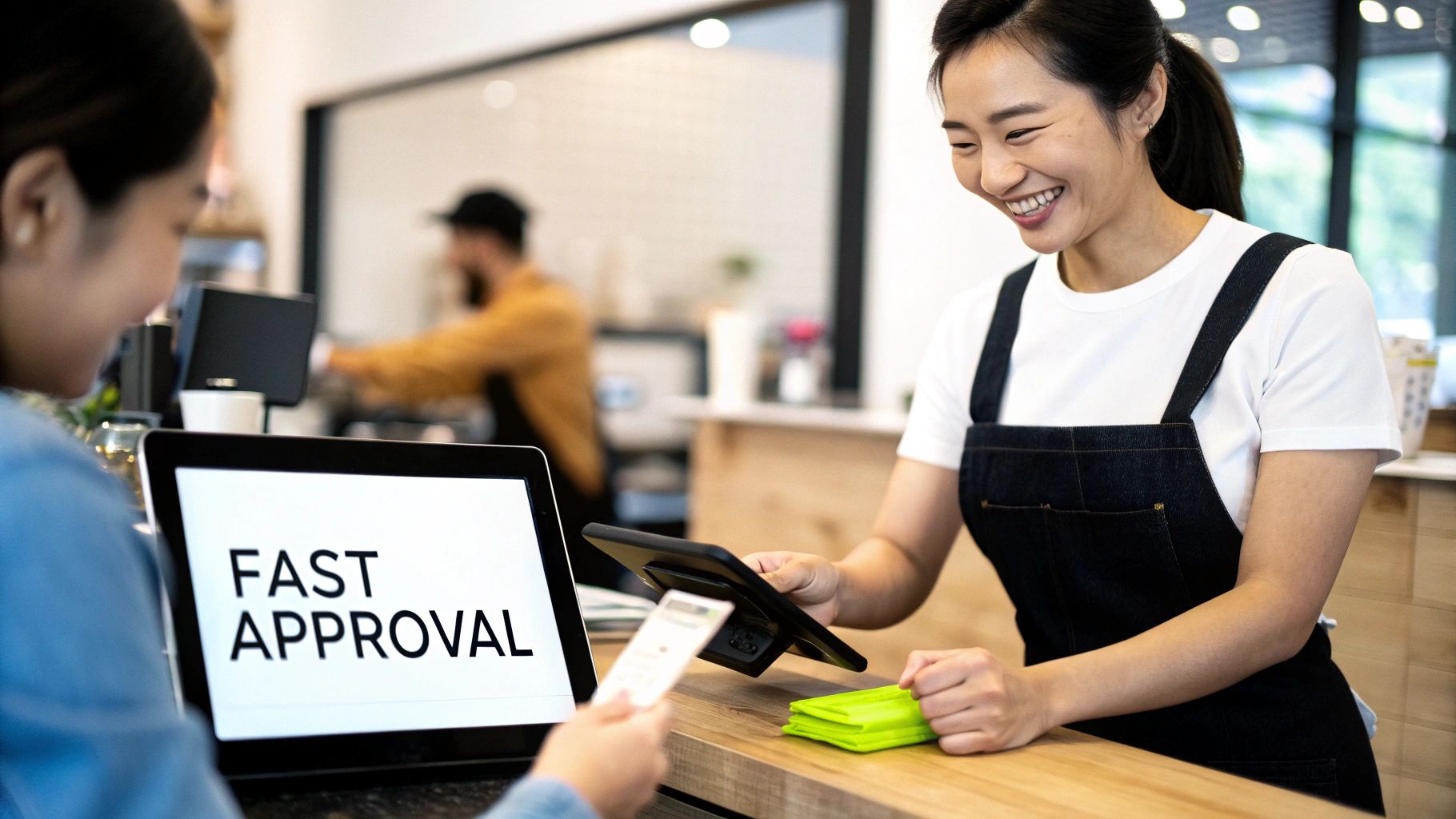 A smiling barista uses a tablet to process a customer's credit card payment, with "FAST APPROVAL" displayed.