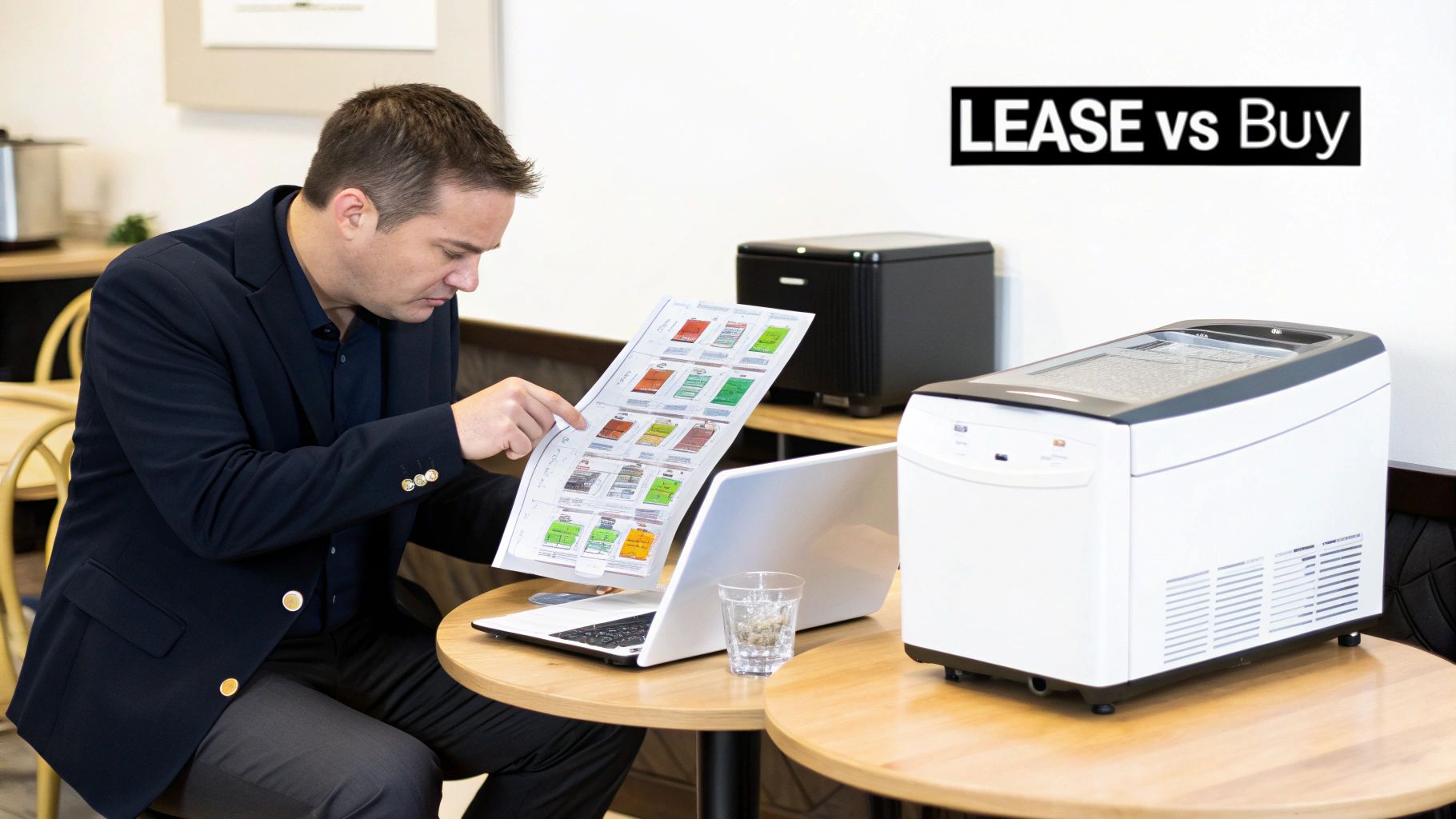 A man reviews a document comparing 'LEASE vs Buy' options next to a commercial ice machine.