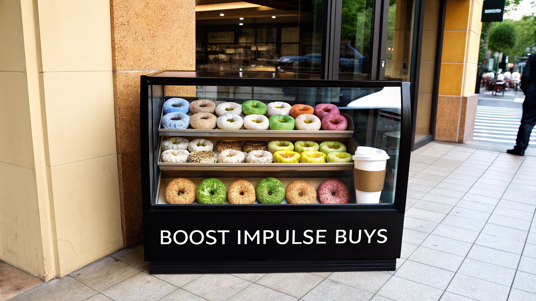 A black outdoor display case filled with rows of colorful donuts, boosting impulse buys.