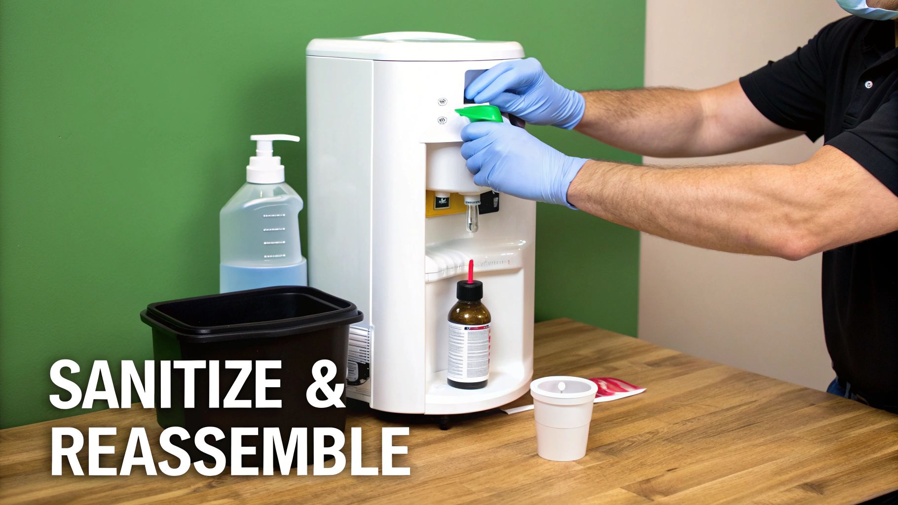 A gloved person sanitizes and reassembles a white water cooler dispenser on a wooden table.
