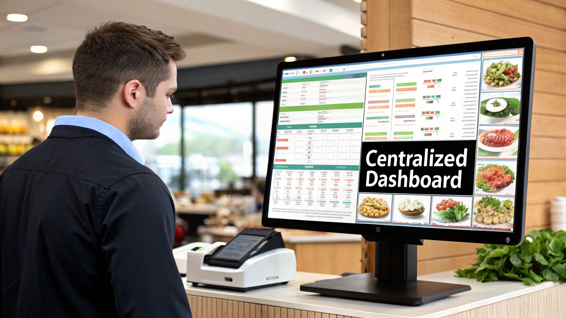 Man views a centralized dashboard on a large monitor, displaying restaurant management data and food items.