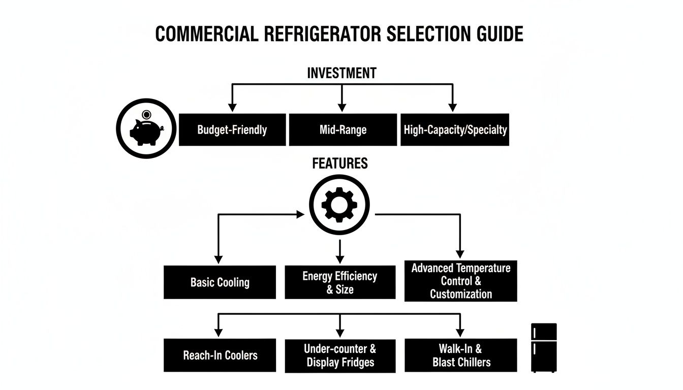 A commercial refrigerator selection guide flowchart showing investment levels, features, and refrigerator types.