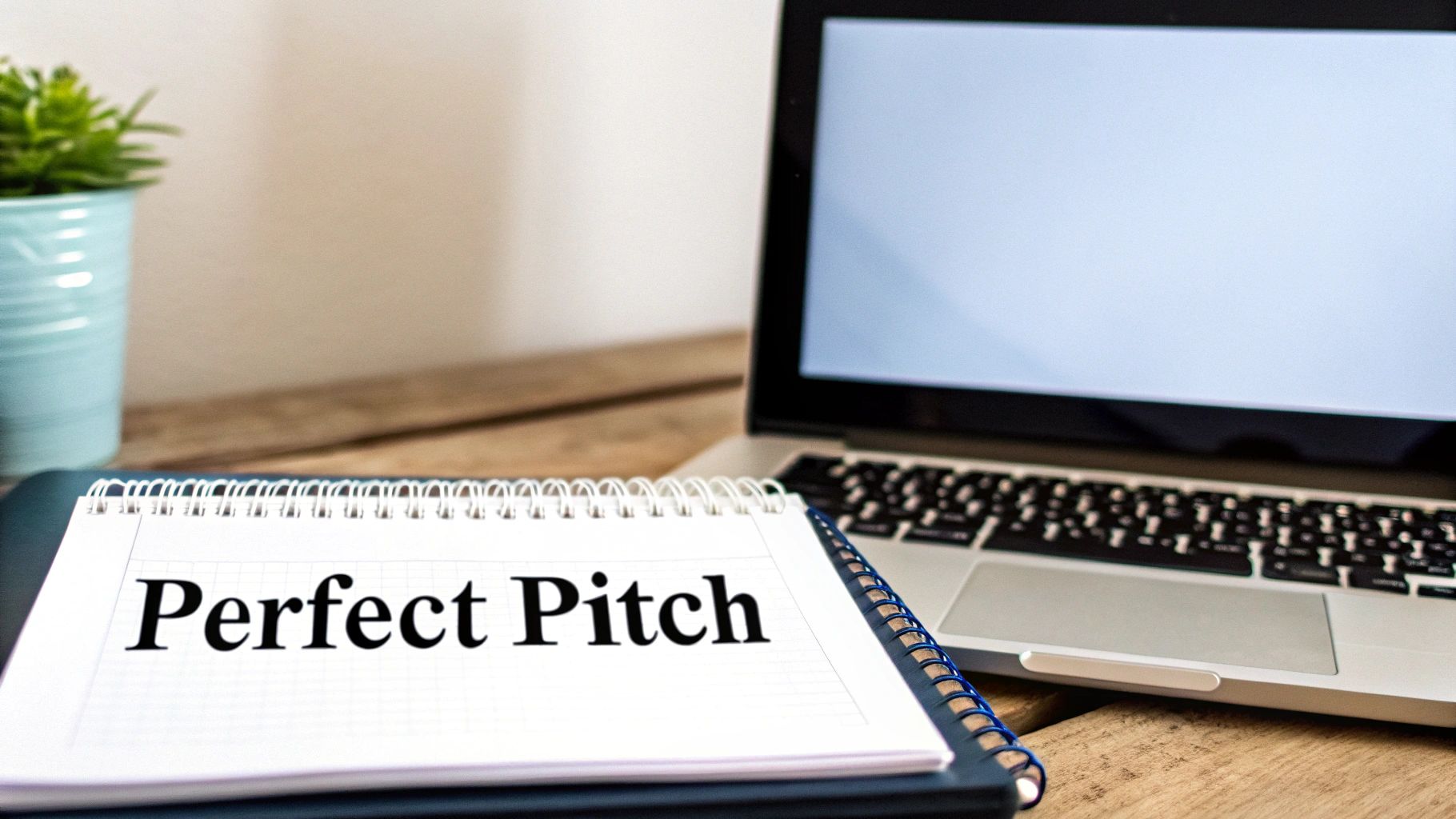 Perfect pitch notebook with laptop on wooden desk for guest blogging outreach strategy