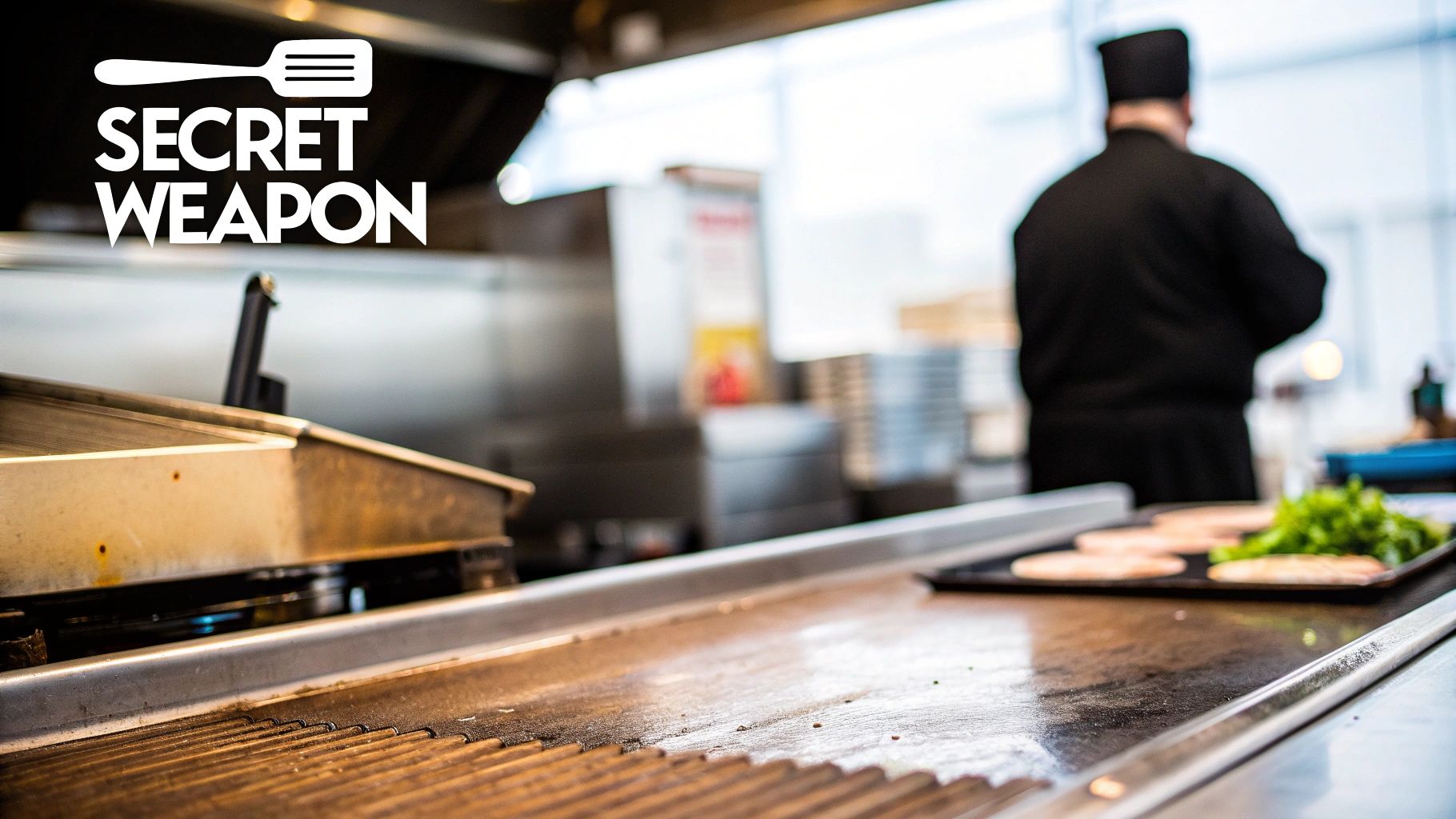 A chef works at a commercial kitchen griddle with food on a tray, featuring the 'SECRET WEAPON' logo.