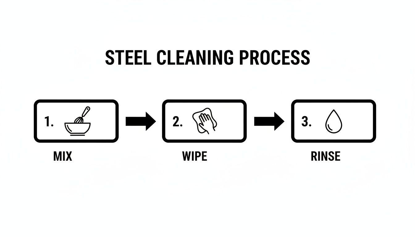 A diagram illustrating a three-step steel cleaning process: mix, wipe, and rinse.