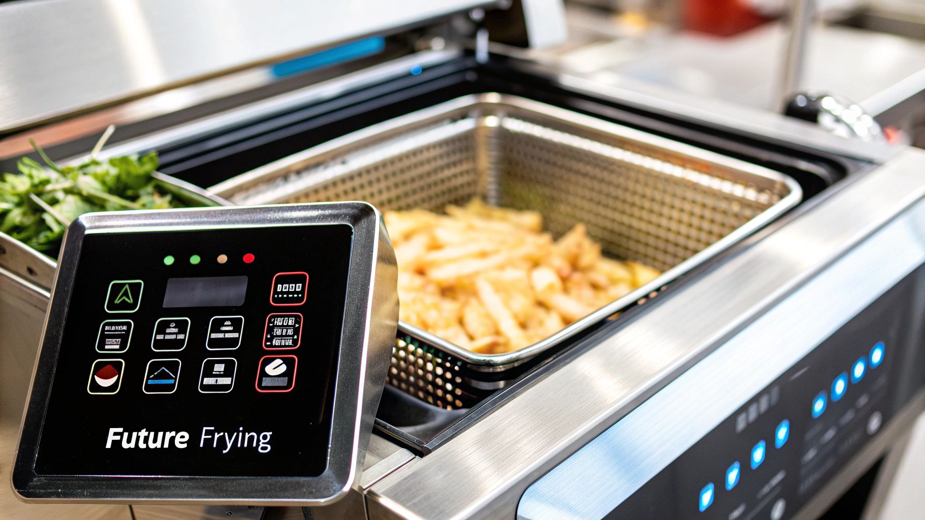 A modern, sleek commercial deep fryer with a digital control panel, showcasing advanced technology.