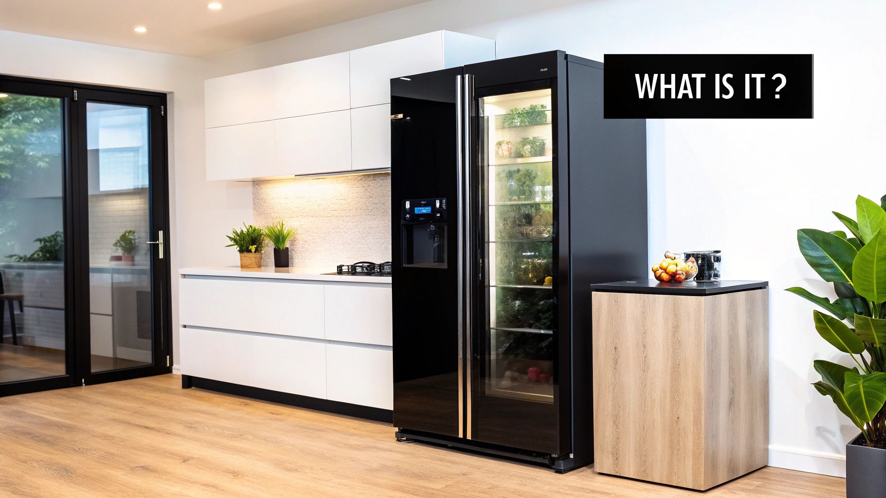 A well-organized glass door fridge in a commercial pizza kitchen, showcasing neatly stacked dough trays and containers of fresh toppings.