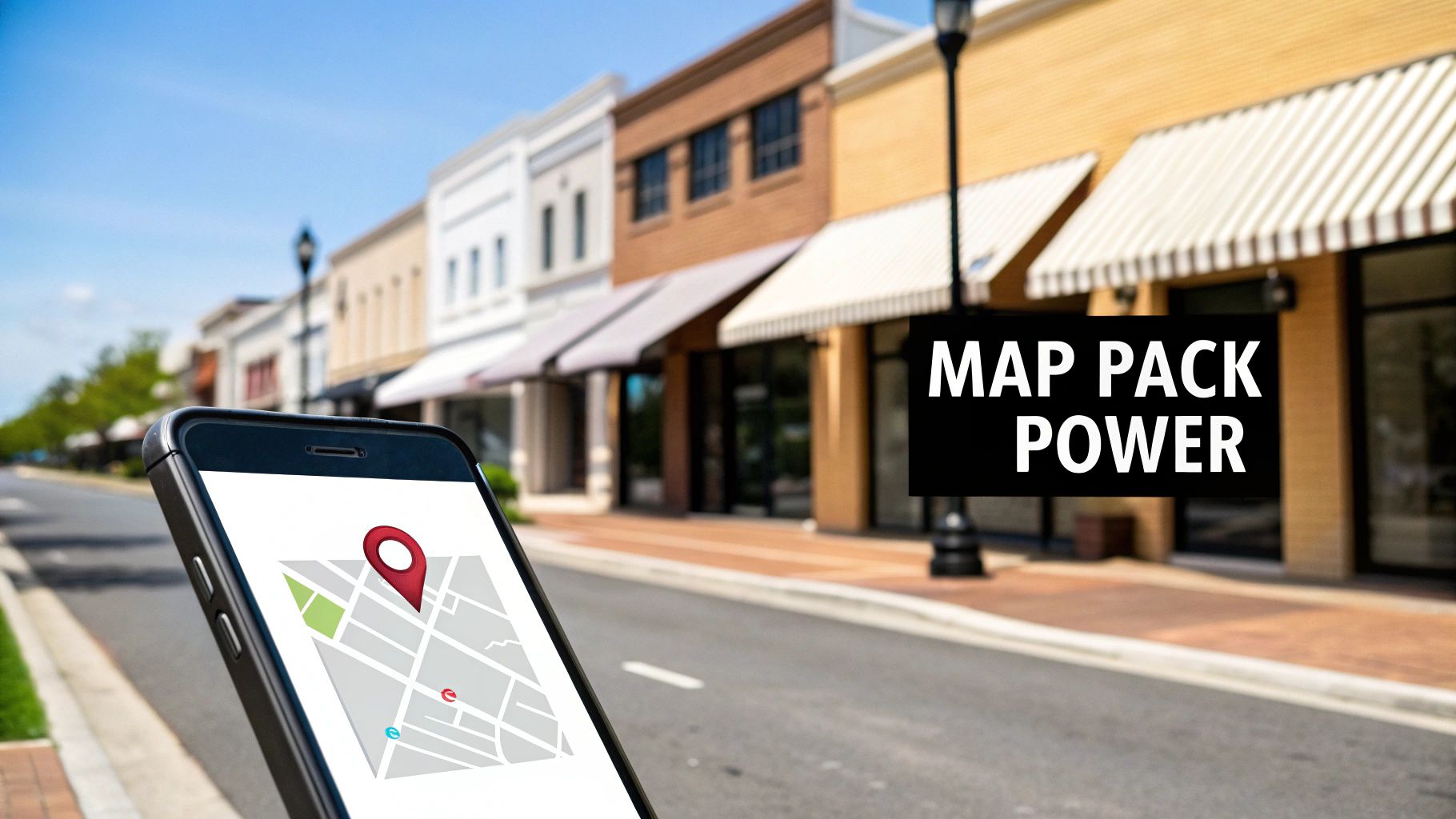 Smartphone showing a map with a red pin, in front of a street with shops, promoting "Map Pack Power."