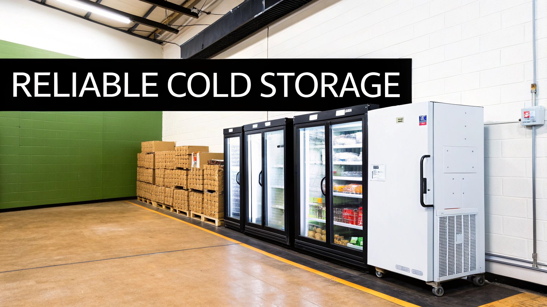 A warehouse scene featuring multiple commercial refrigerators, stacked boxes on pallets, and a text overlay saying 'RELIABLE COLD STORAGE'.