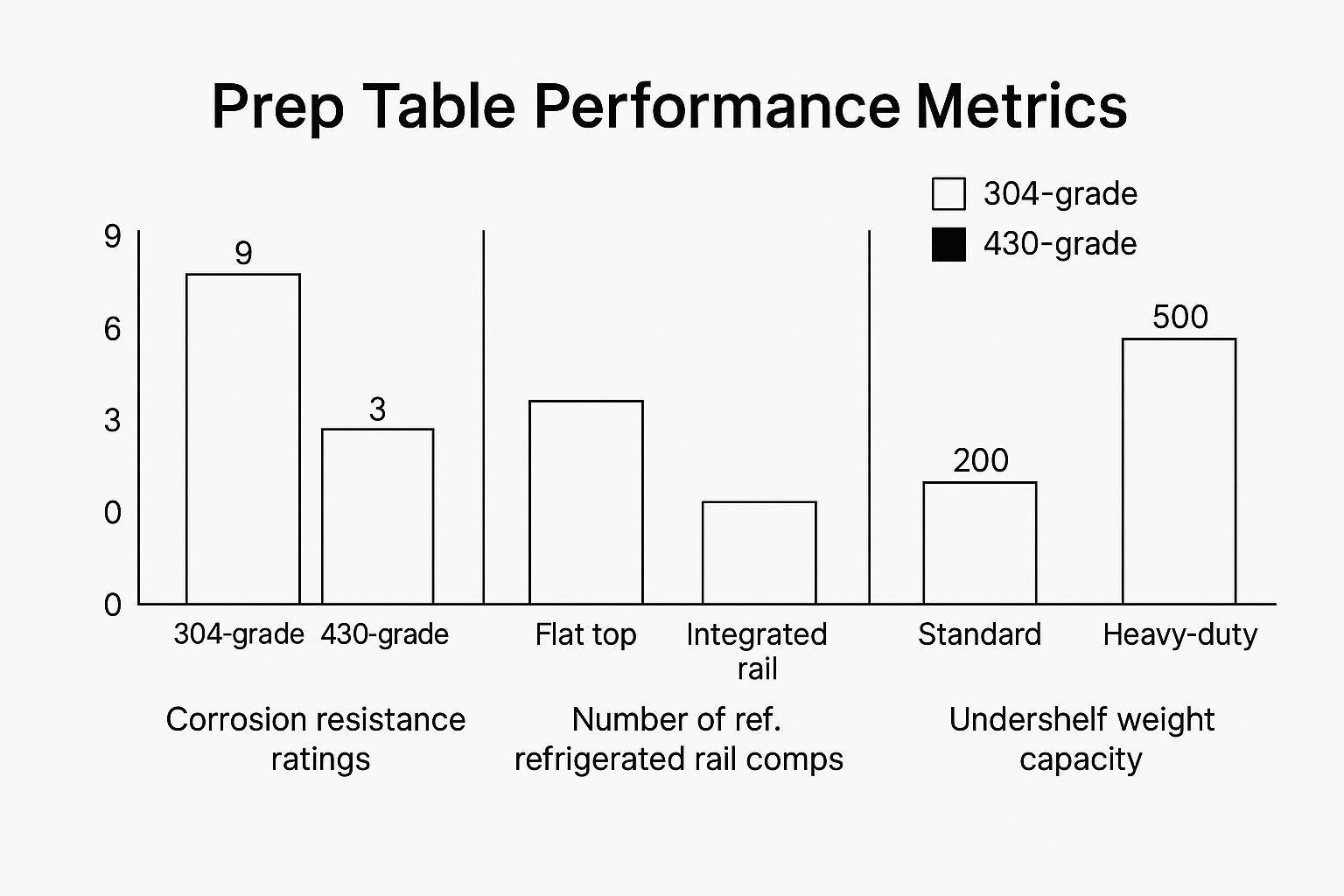 Infographic bar chart comparing performance metrics of different pizza prep tables, including corrosion resistance, refrigerated compartments, and undershelf capacity.