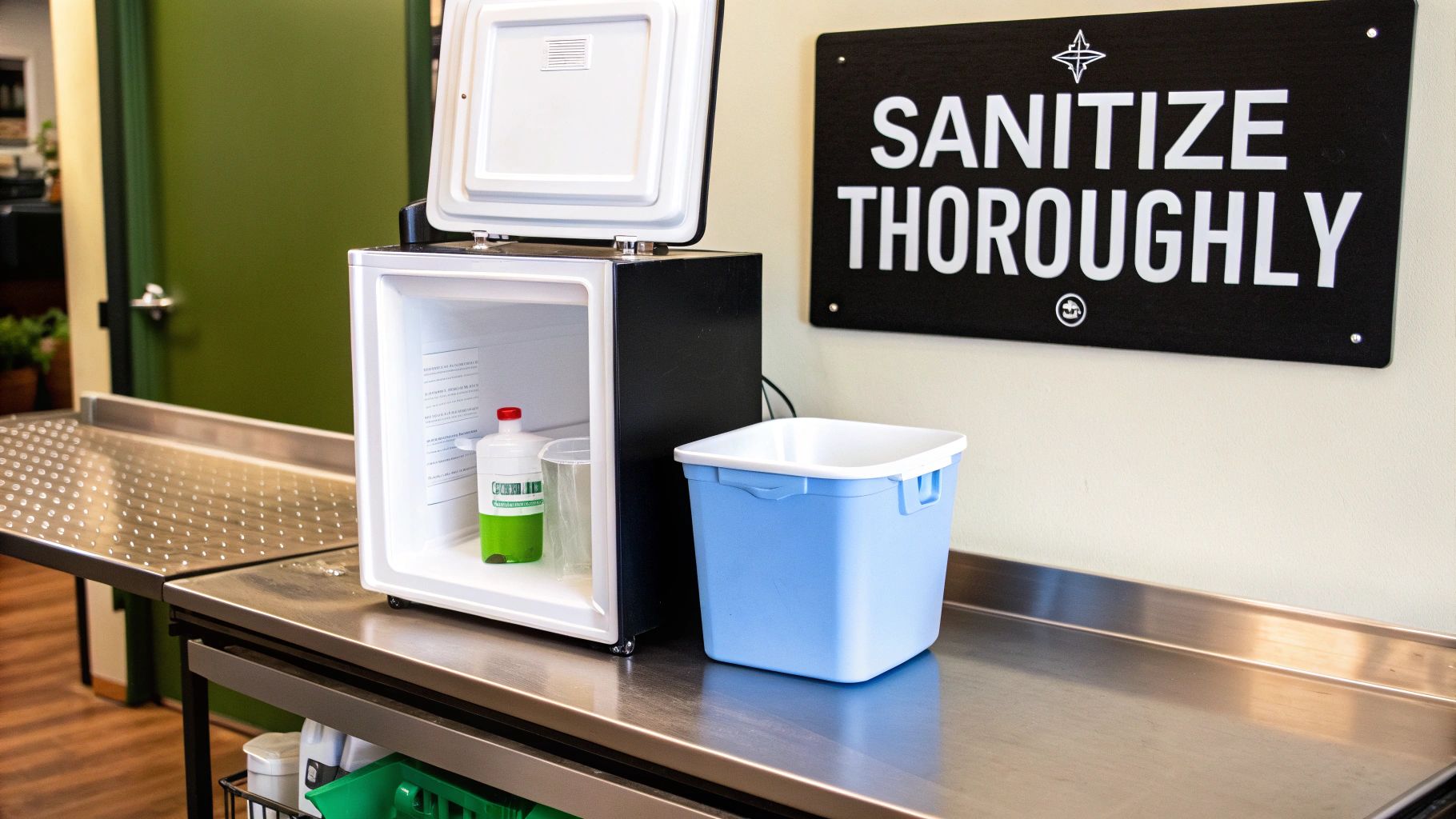 Cleaning station with open mini-fridge, sanitizing solution, blue bin, and a "SANITIZE THOROUGHLY" sign.
