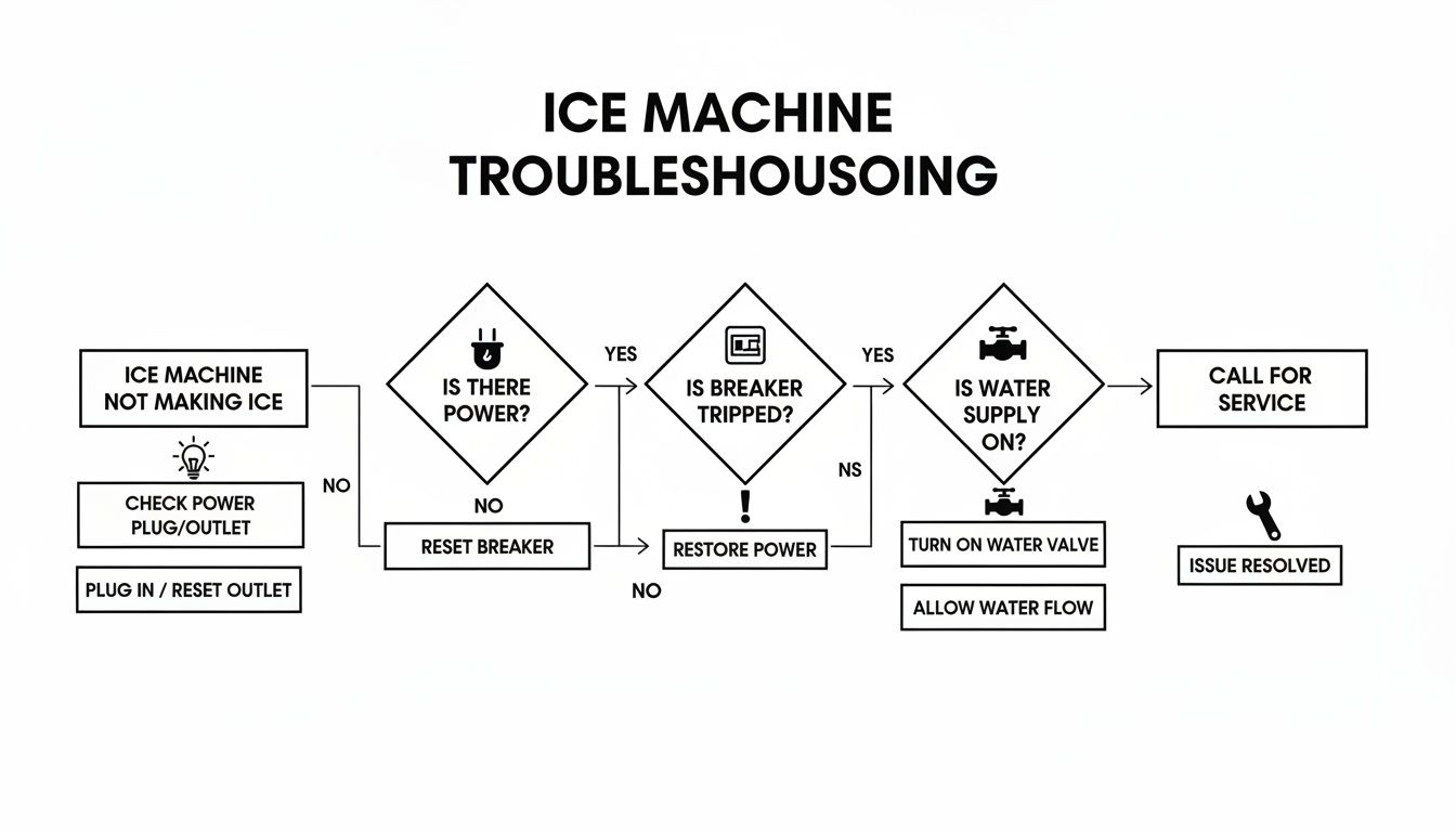 Flowchart for troubleshooting an ice machine not making ice, detailing power and water supply checks.