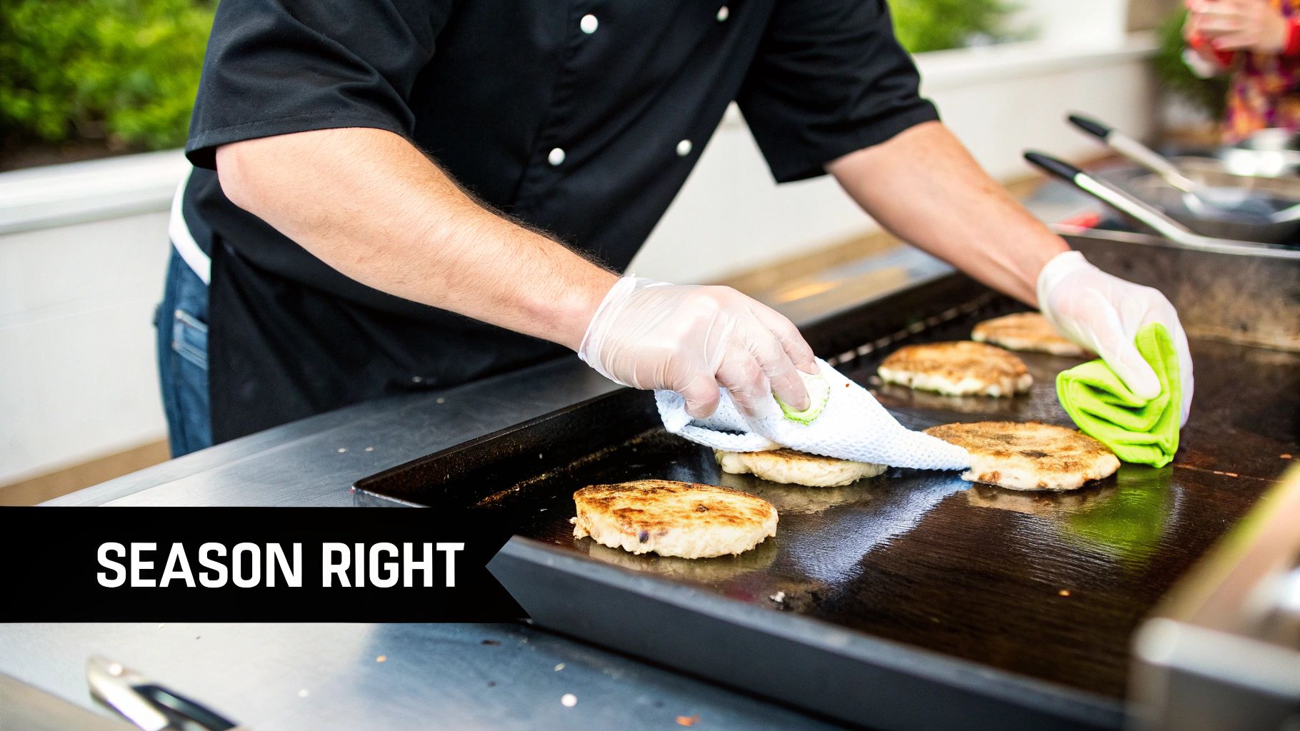 A gloved chef meticulously cleans a commercial griddle with two cloths, preparing it for food service.